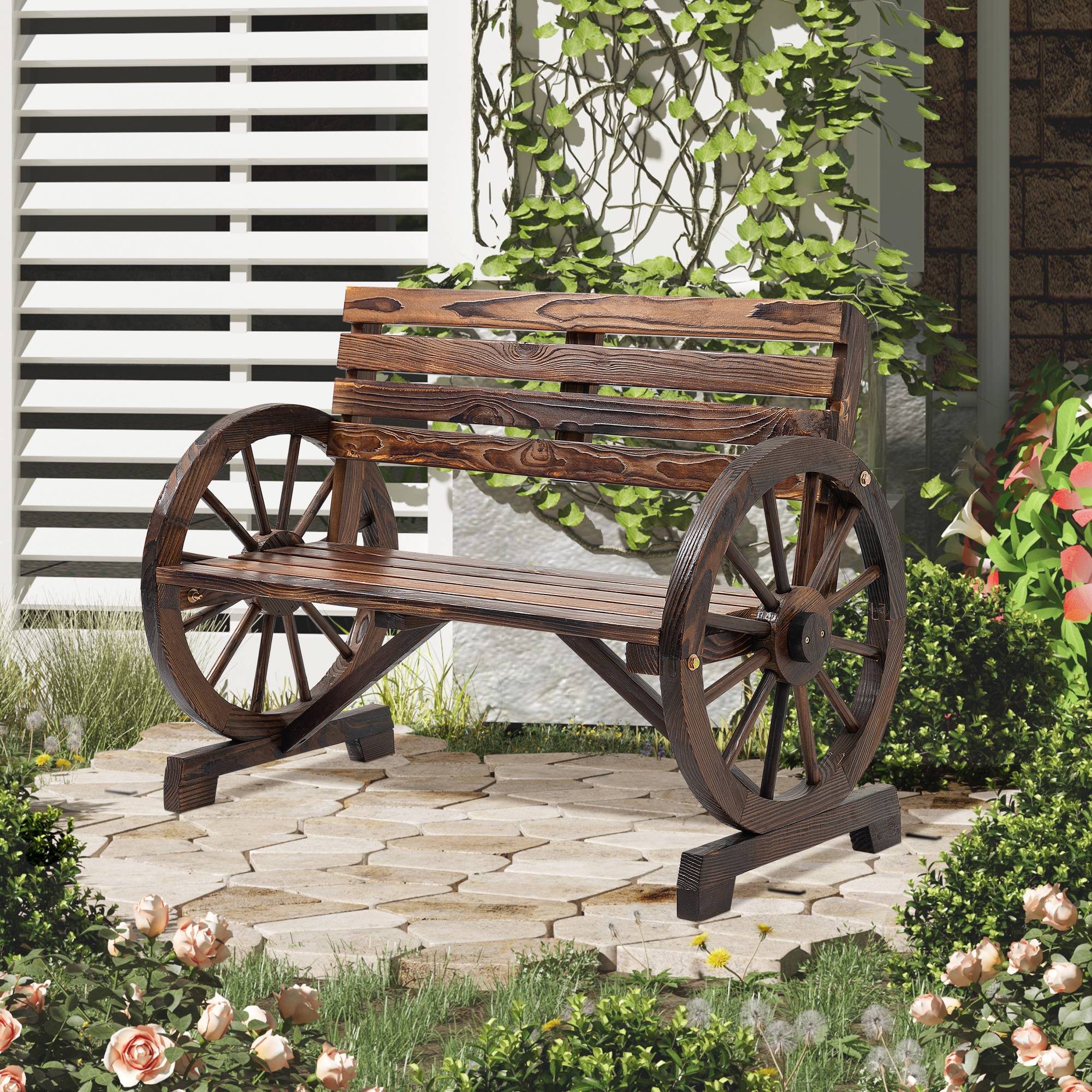 ComfortXL - Banc de jardin bois de sapin brun 105,5 x 56 x 79 cm 2 places extérieur style rustique avec accoudoirs roues - Image 1