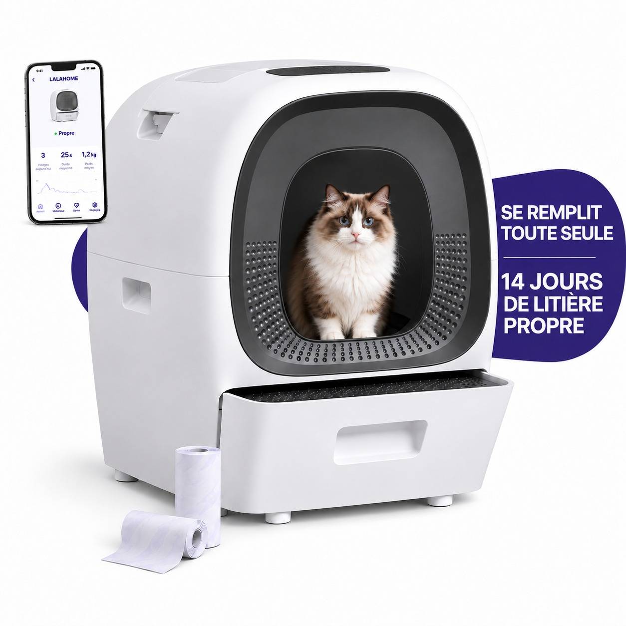 Litière automatique auto-nettoyante auto-remplissage 80L LALAHOME - Image 1