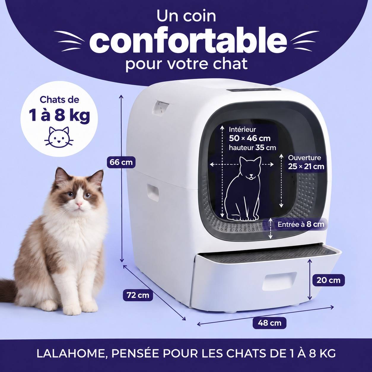 Litière automatique auto-nettoyante auto-remplissage 80L LALAHOME - Image 3