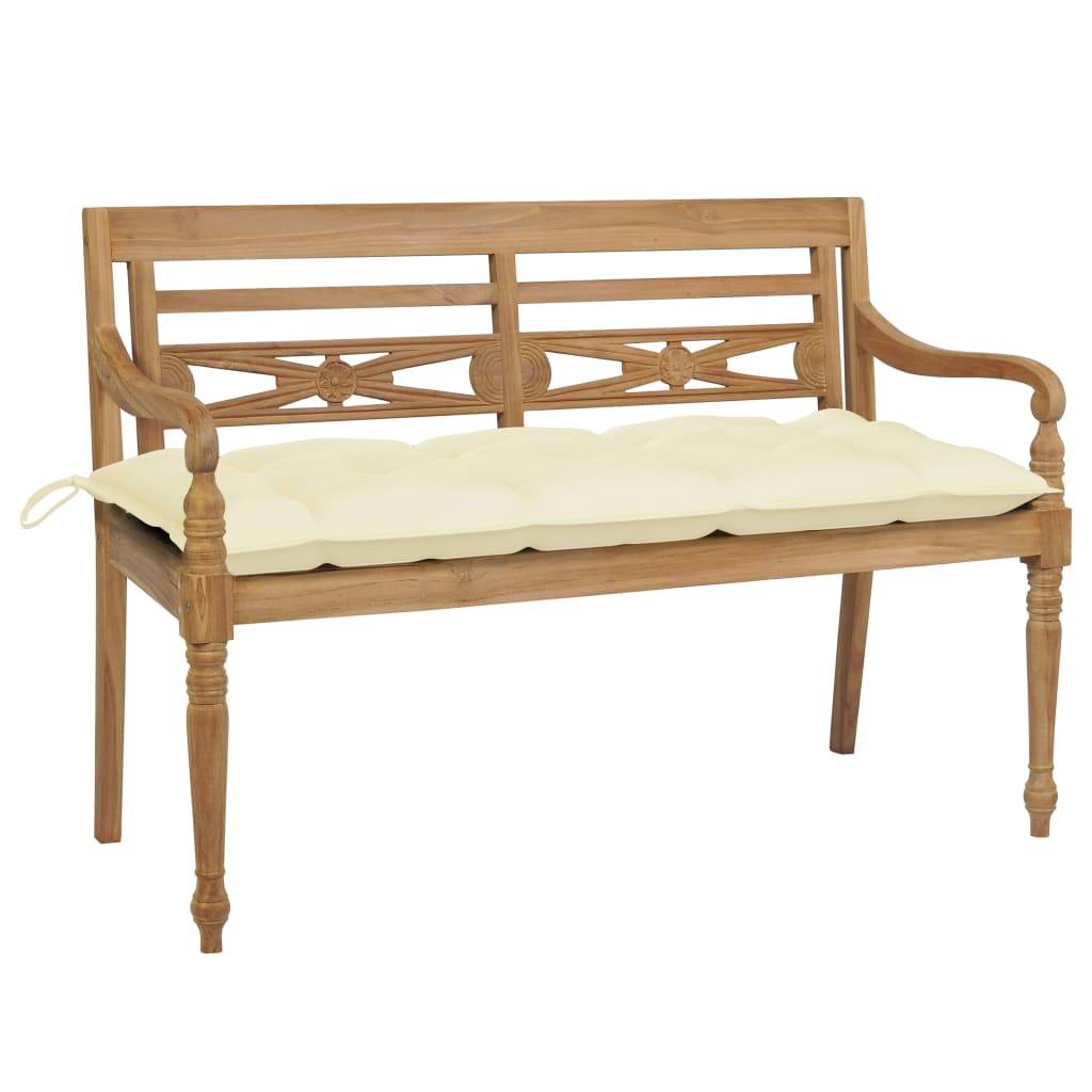 Helloshop26 - Banc de jardin meuble de patio d'extérieur terrasse avec coussin blanc crème 120 x 51,5 x 84 cm bois de teck massif - Imagen 1