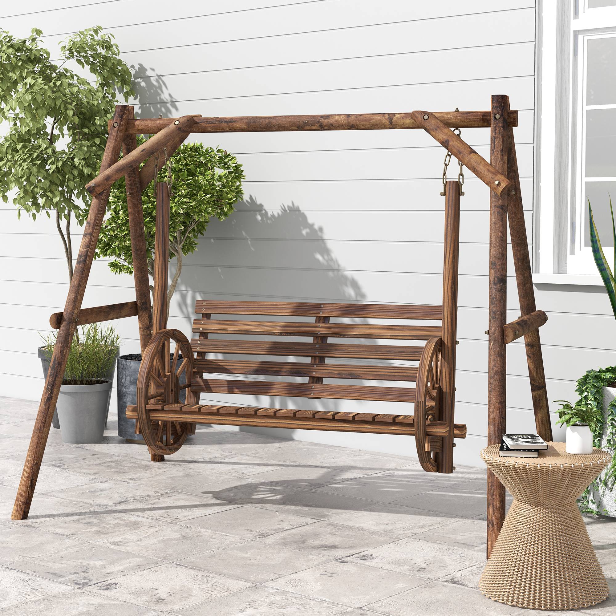 Outsunny - Balancelle de jardin 2 places style western - accoudoirs roues charrette - bois sapin traité carbonisation - Outsunny - Imagen 2