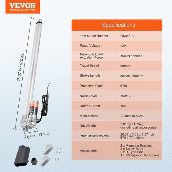 Vevor - VEVOR Actionneur linéaire 12V IP65 étanche 20" 660lbs/3000N 0,19"/s, support, extérieur. - Image 7