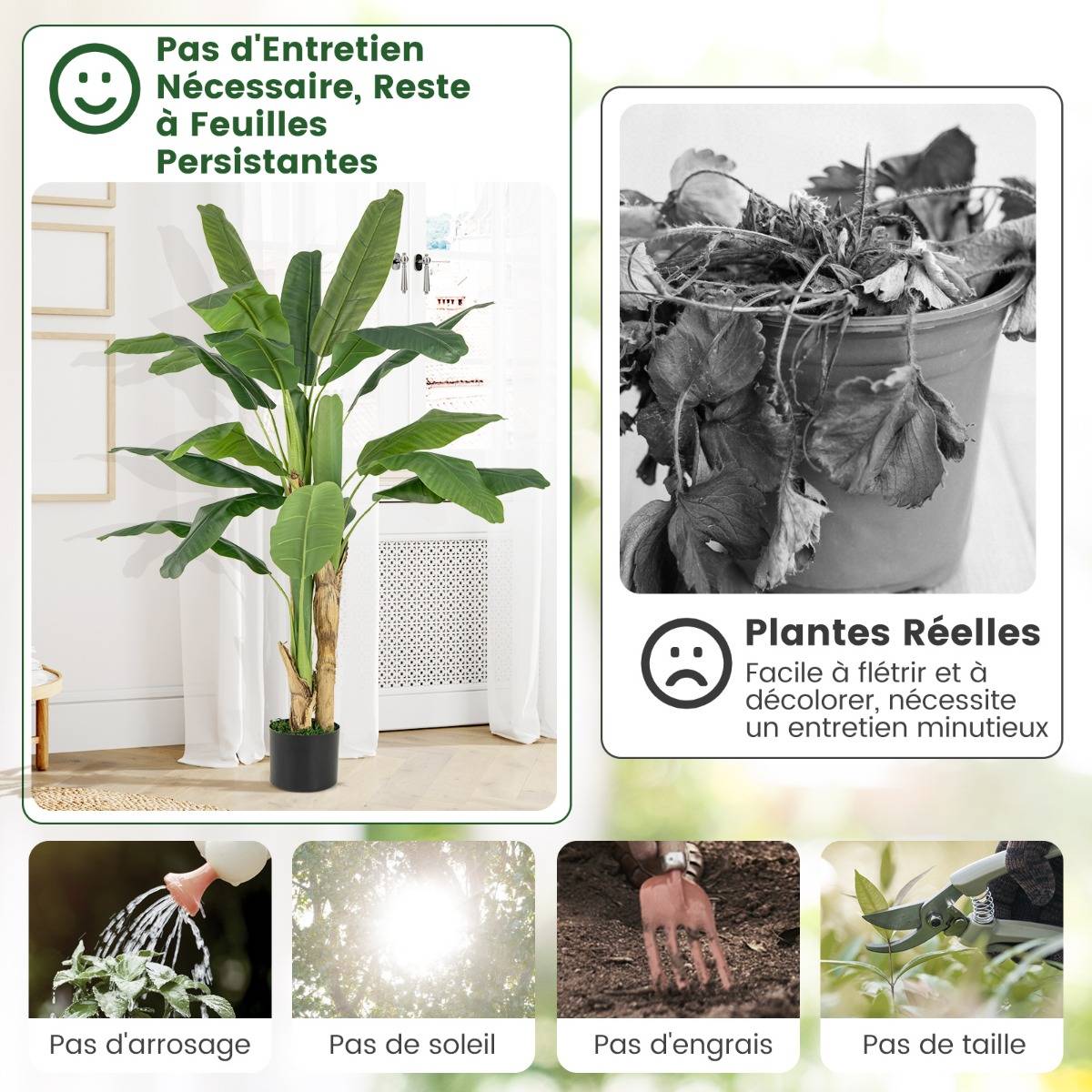 Plante Artificielle en Pot de 150cm en Plastique Pot en Ciment 2 Mousse avec 18 Grandes Feuilles pour Bureau Maison - Image 9