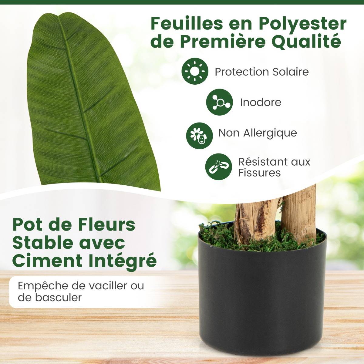 Plante Artificielle en Pot de 150cm en Plastique Pot en Ciment 2 Mousse avec 18 Grandes Feuilles pour Bureau Maison - Image 8