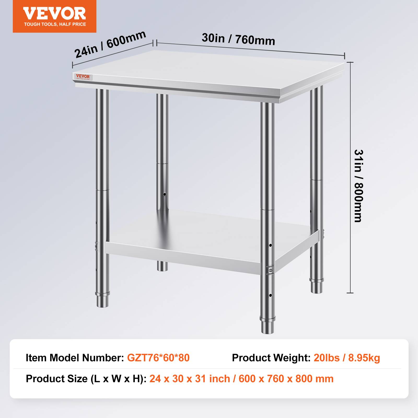 VEVOR Table travail cuisine inox 60x76x80cm 2 étages, pour préparation repas, hôtels, bureaux, hôpitaux. - Image 7