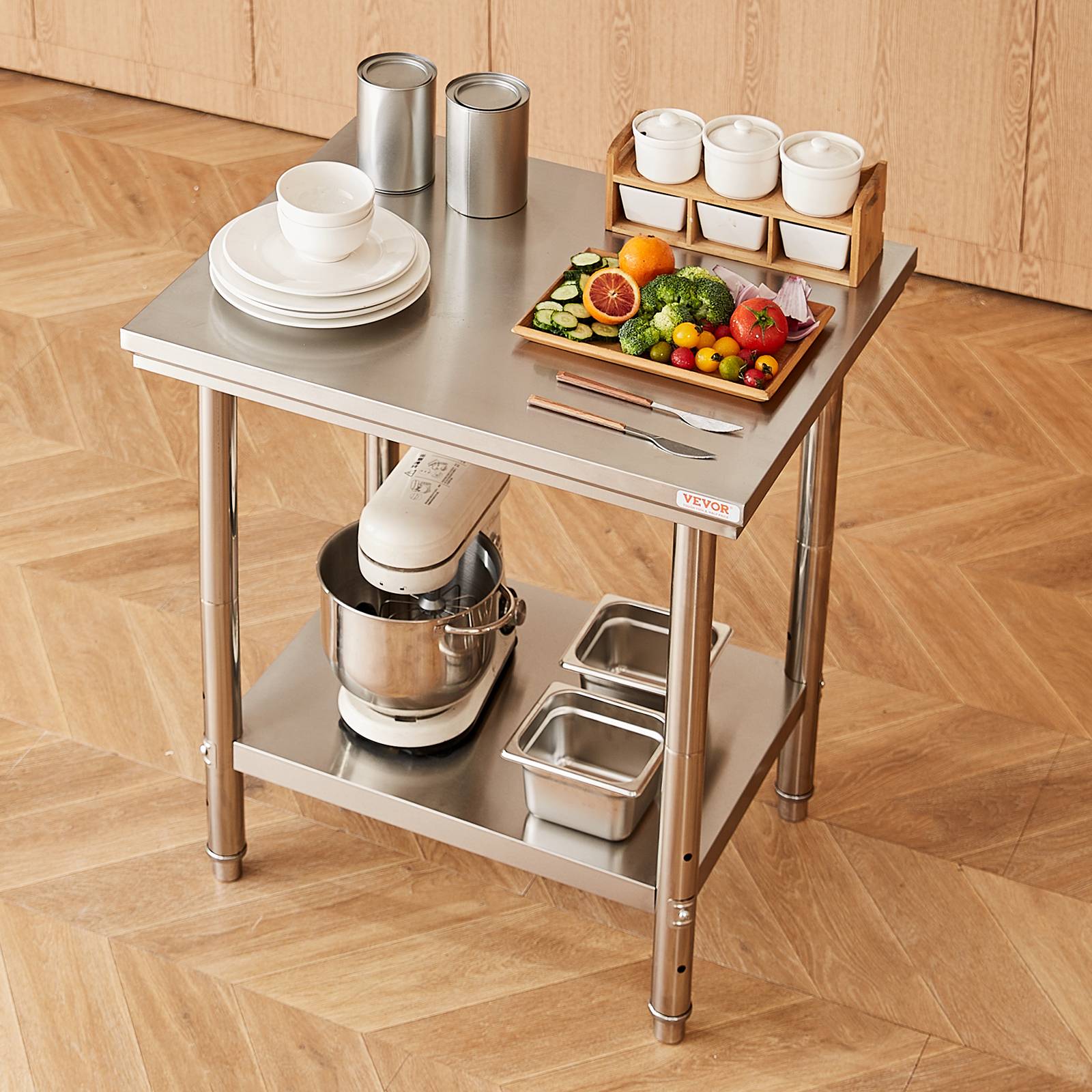 VEVOR Table travail cuisine inox 60x76x80cm 2 étages, pour préparation repas, hôtels, bureaux, hôpitaux. - Image 8
