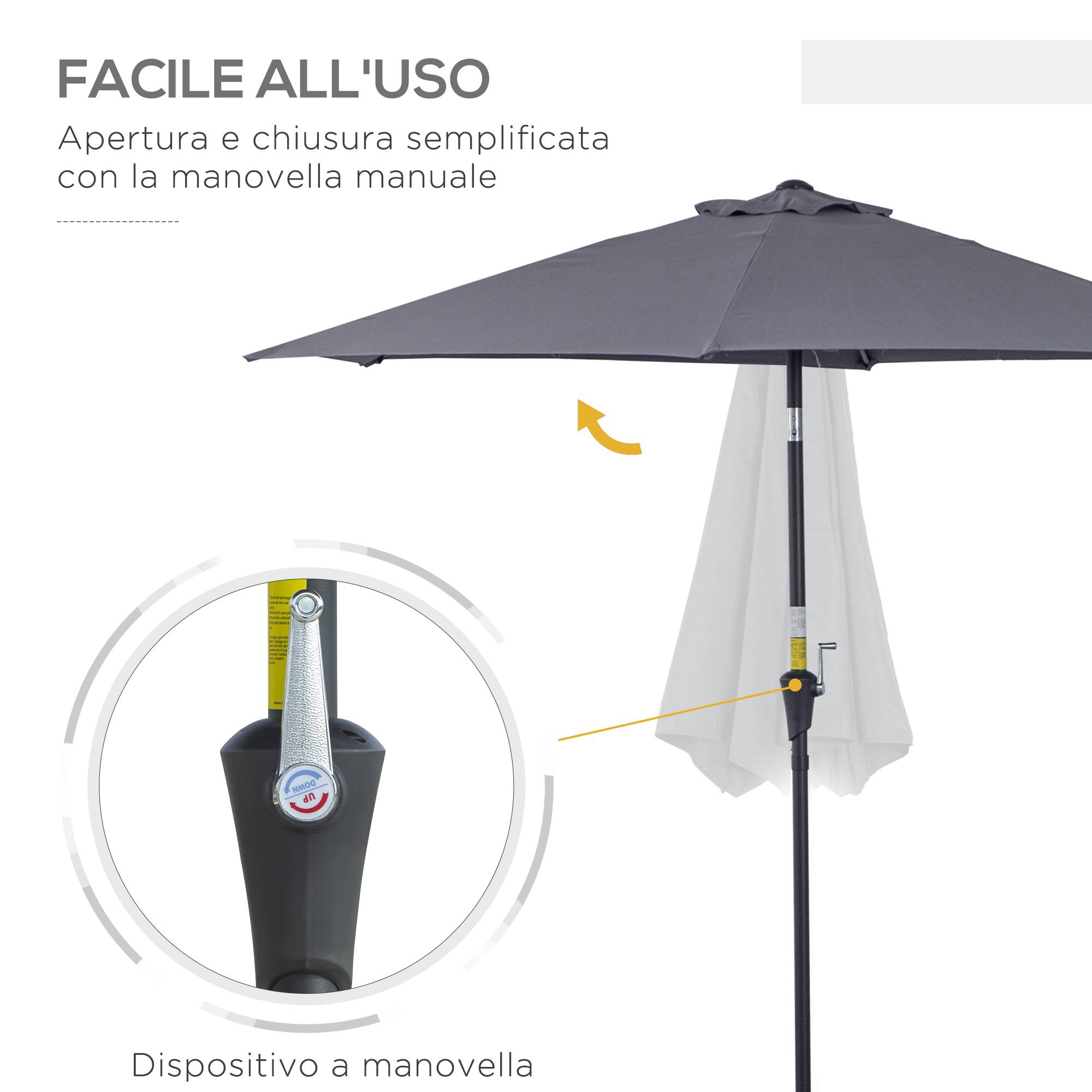 Parasol de jardin 2,6x2,4 m inclinable avec manivelle, en aluminium et polyester gris et noir - Image 6