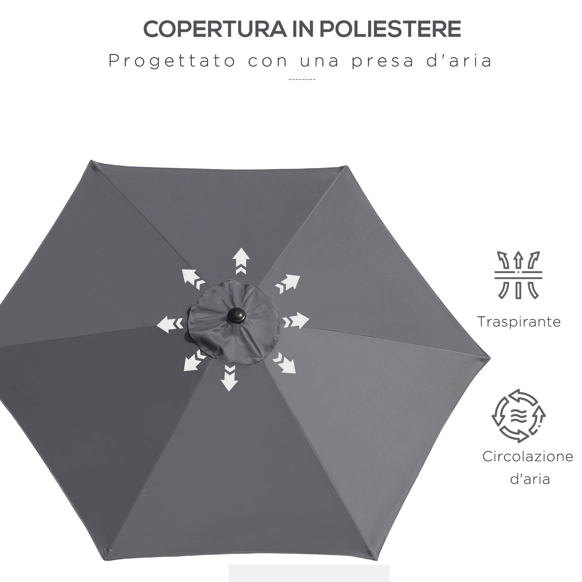 Parasol de jardin 2,6x2,4 m inclinable avec manivelle, en aluminium et polyester gris et noir - Image 8