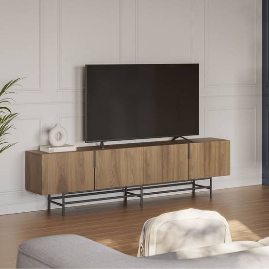Meuble TV 4 portes en mélaminé imitation bois et piètement et poignées en métal laqué noir - ALDINE - Image 2