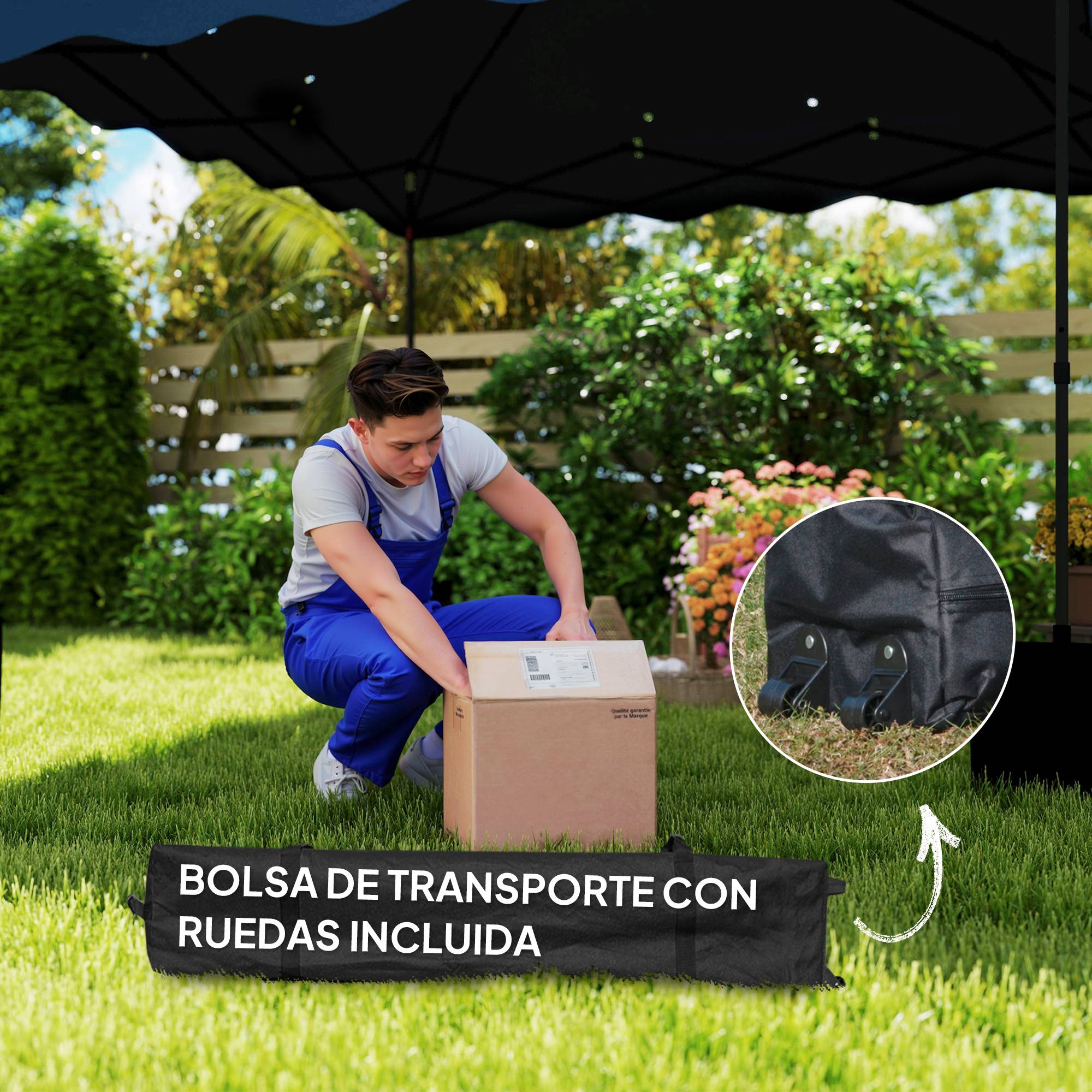 Tente pliante 3x3m avec protection UV, hauteur réglable et sac à roulettes pour 6 à 9 personnes, bleu foncé - Image 10