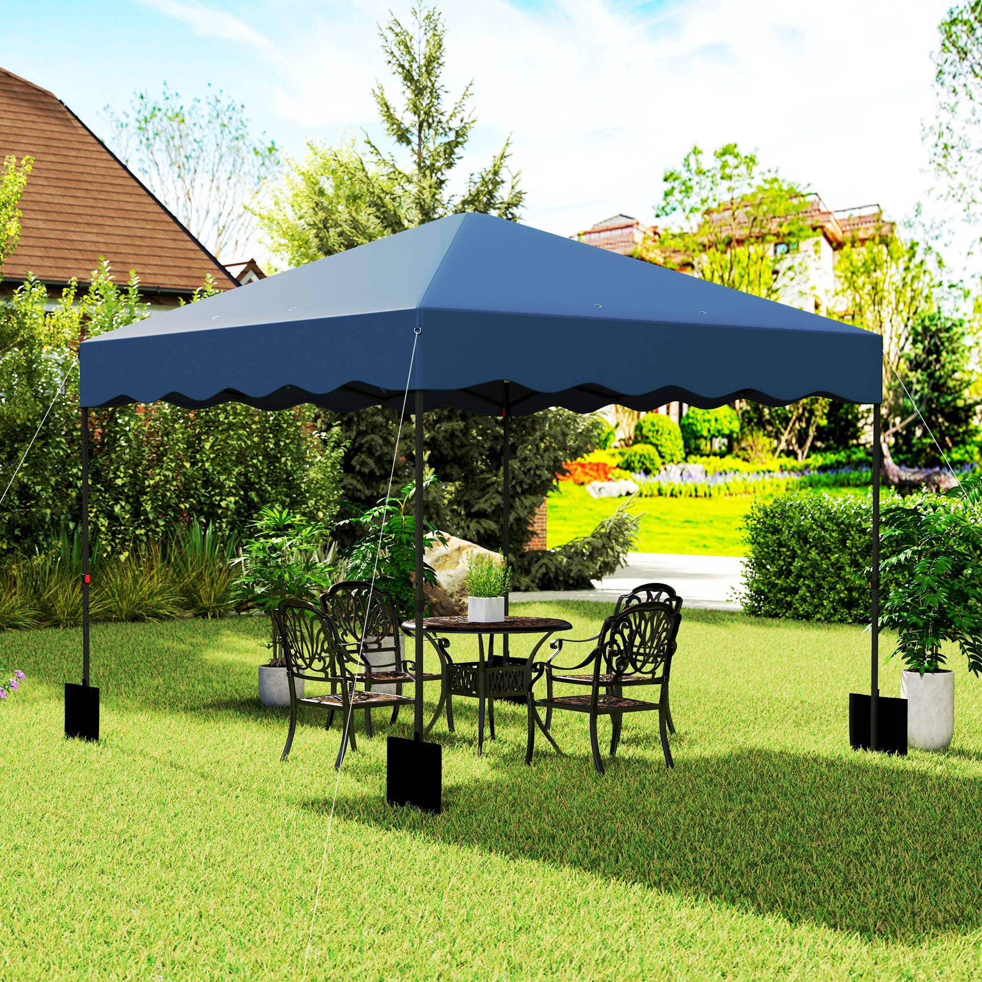 Tente pliante 3x3m avec protection UV, hauteur réglable et sac à roulettes pour 6 à 9 personnes, bleu foncé - Image 4