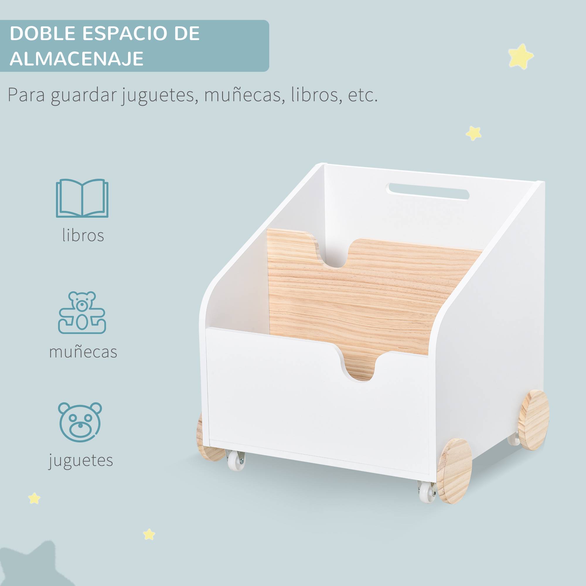 Coffre de Rangement Jouets en Bois 2 Compartiments avec Roulettes et Poignée, Étagère Mobile, 40 x 43 x 43 cm, Blanc/Naturel - Image 7