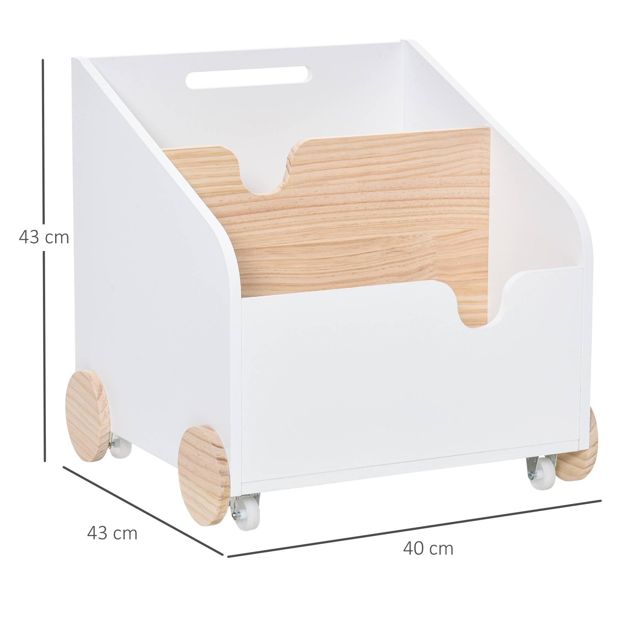 Coffre de Rangement Jouets en Bois 2 Compartiments avec Roulettes et Poignée, Étagère Mobile, 40 x 43 x 43 cm, Blanc/Naturel - Image 5