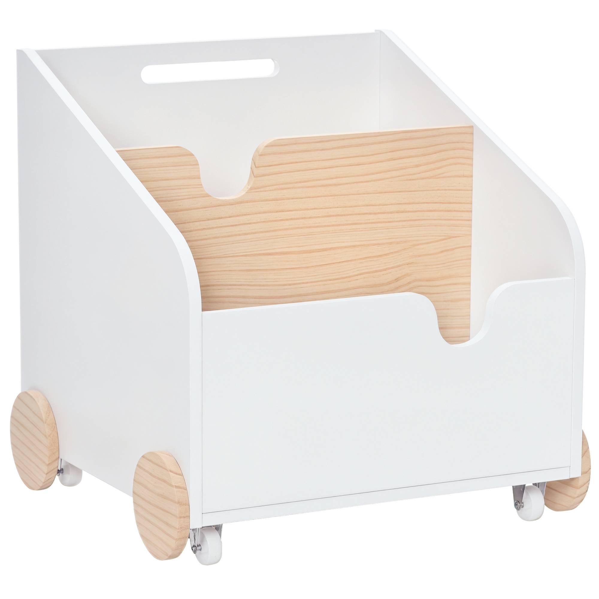 Coffre de Rangement Jouets en Bois 2 Compartiments avec Roulettes et Poignée, Étagère Mobile, 40 x 43 x 43 cm, Blanc/Naturel
