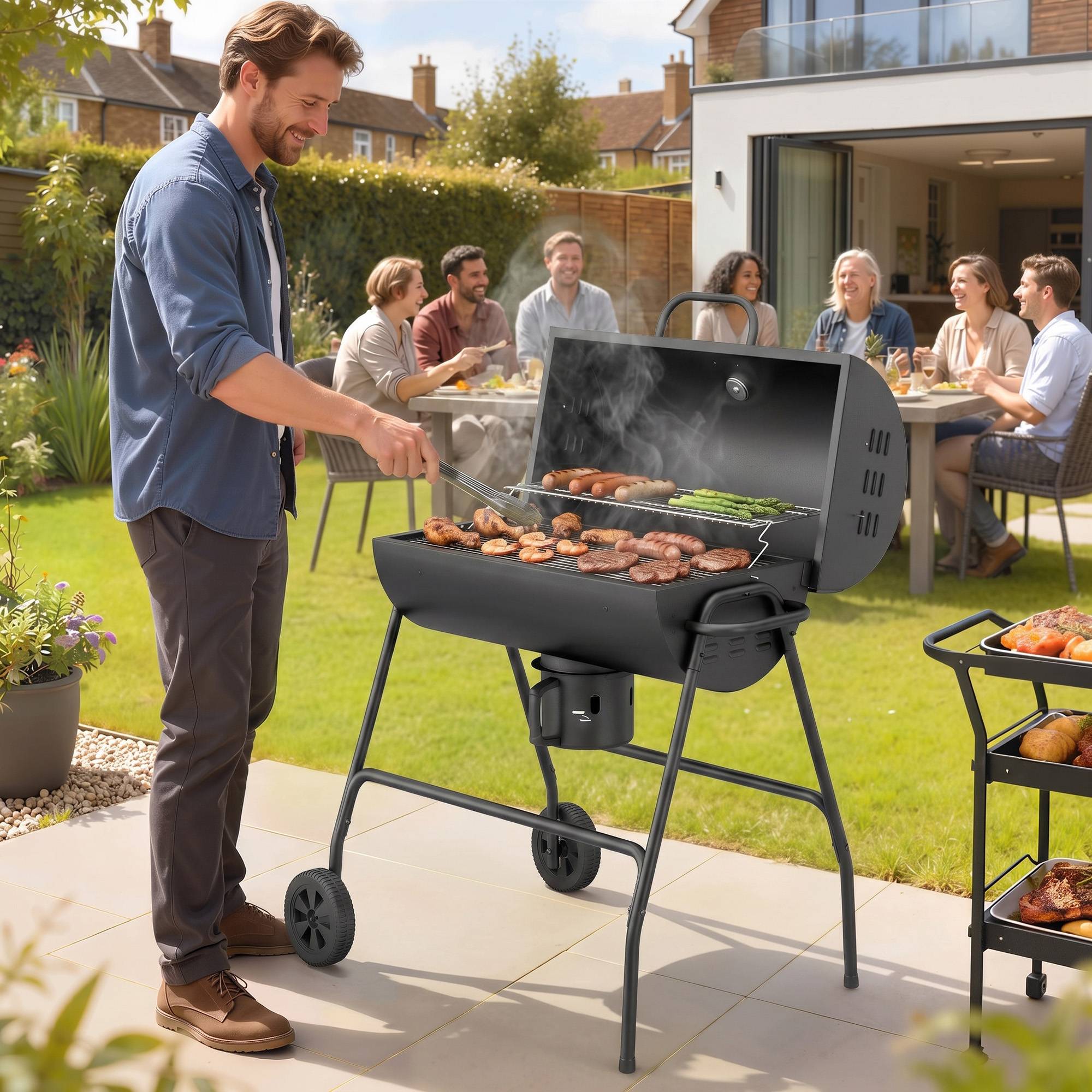 Barbecue à charbon en métal, fumoir avec couvercle, thermomètre et roues, chariot de barbecue, 95x71,5x102 cm, couleur noire - Image 3