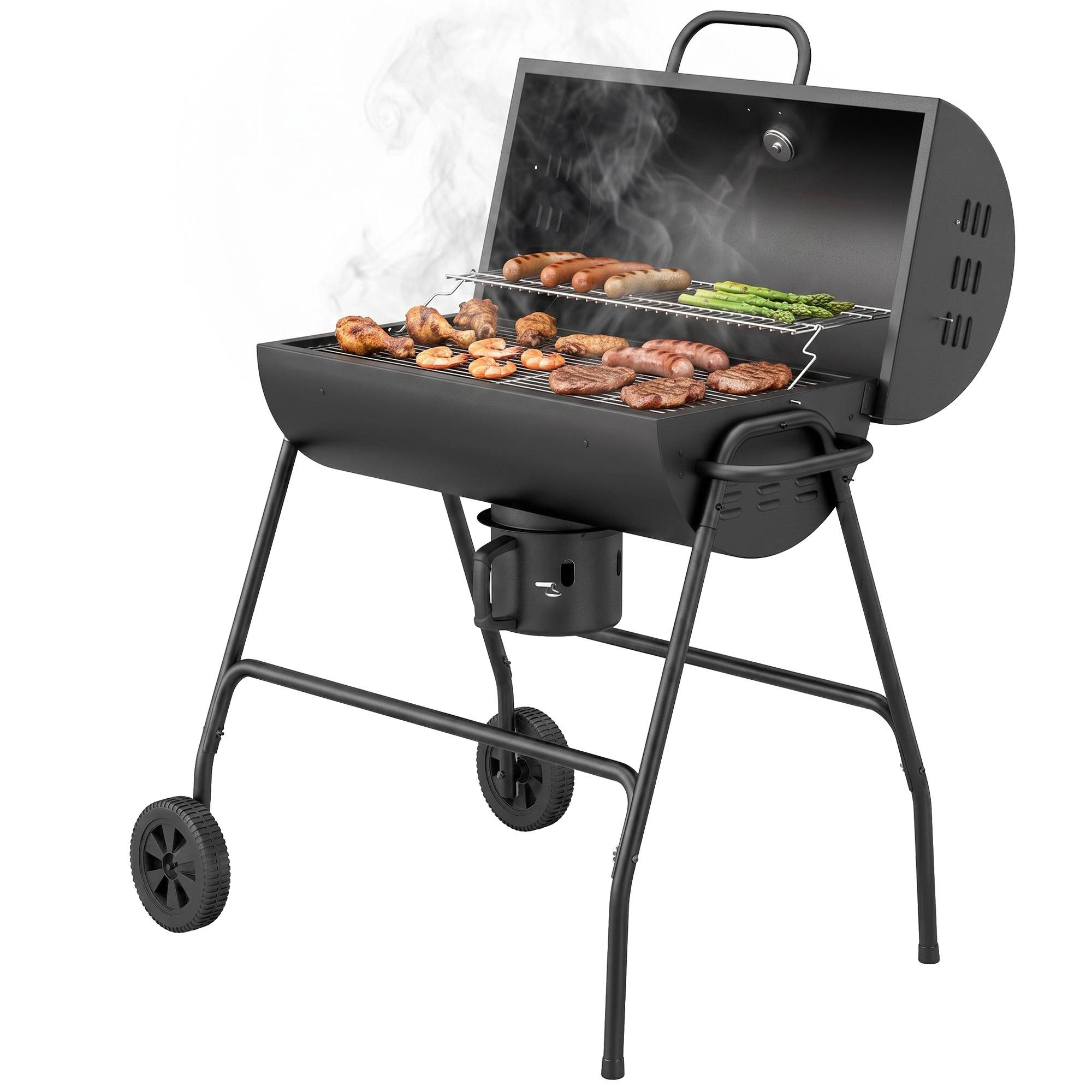 Barbecue à charbon en métal, fumoir avec couvercle, thermomètre et roues, chariot de barbecue, 95x71,5x102 cm, couleur noire - Image 2