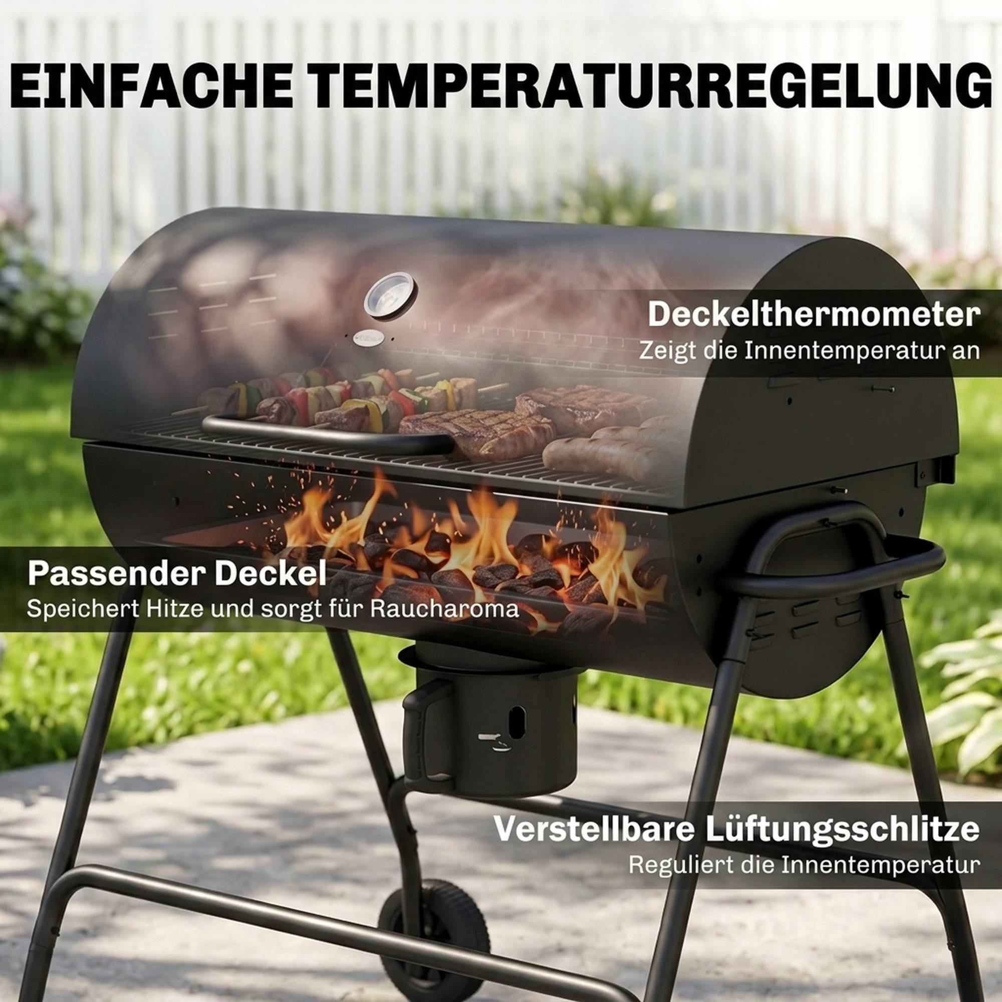 Barbecue à charbon en métal, fumoir avec couvercle, thermomètre et roues, chariot de barbecue, 95x71,5x102 cm, couleur noire - Image 7