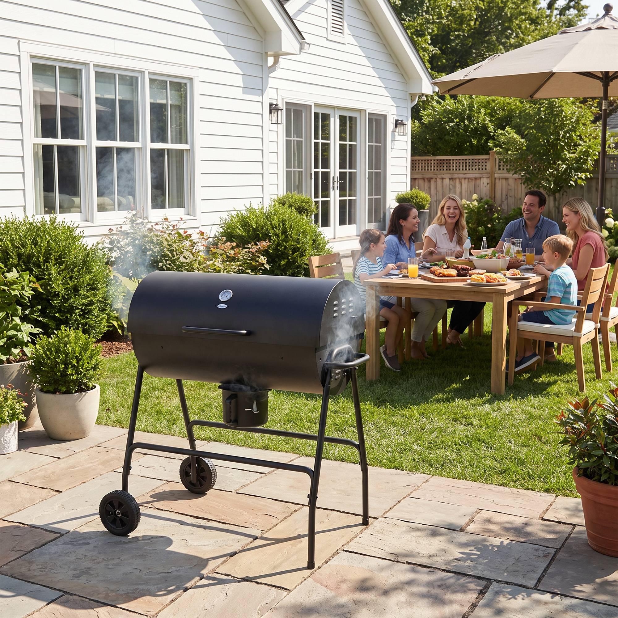 Barbecue à charbon en métal, fumoir avec couvercle, thermomètre et roues, chariot de barbecue, 95x71,5x102 cm, couleur noire - Image 10