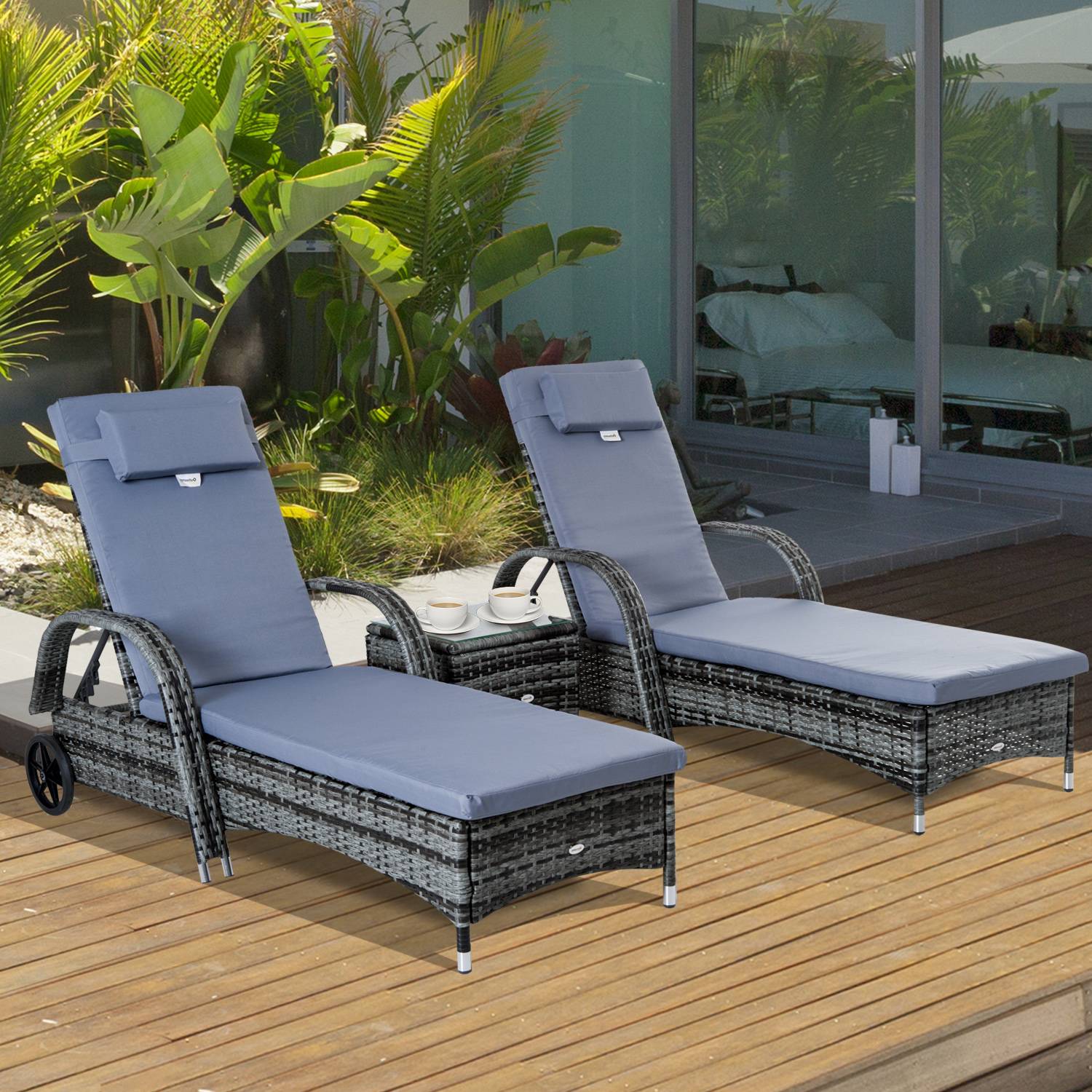 Lot 2 bains de soleil Résine tressée Jardin Terrasse Dossier inclinable Gris - ComfortXL Outdoor Living - Image 3