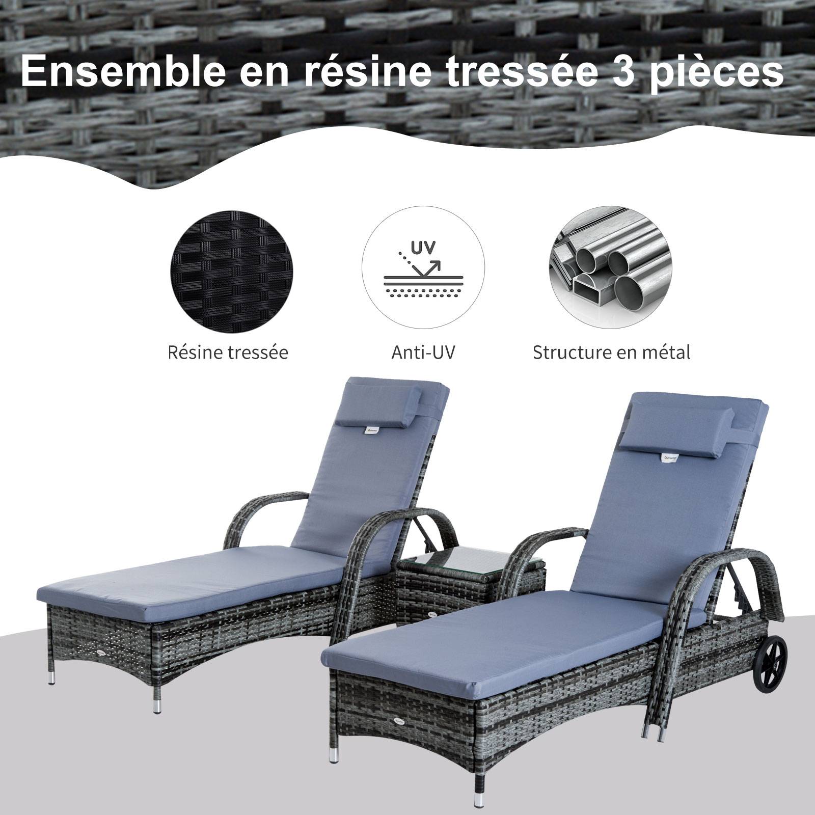 Lot 2 bains de soleil Résine tressée Jardin Terrasse Dossier inclinable Gris - ComfortXL Outdoor Living - Image 5