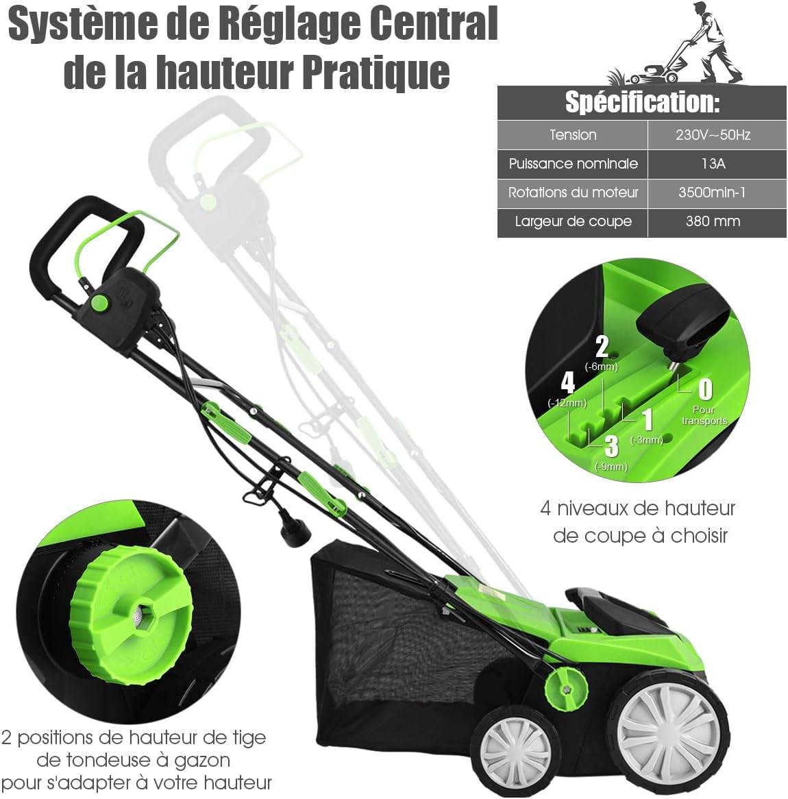 Costway - Scarificateur de Pelouse Électrique de 13A,Scarificateur et Aérateur Filaire avec 2 Lames (Vert) - Image 5