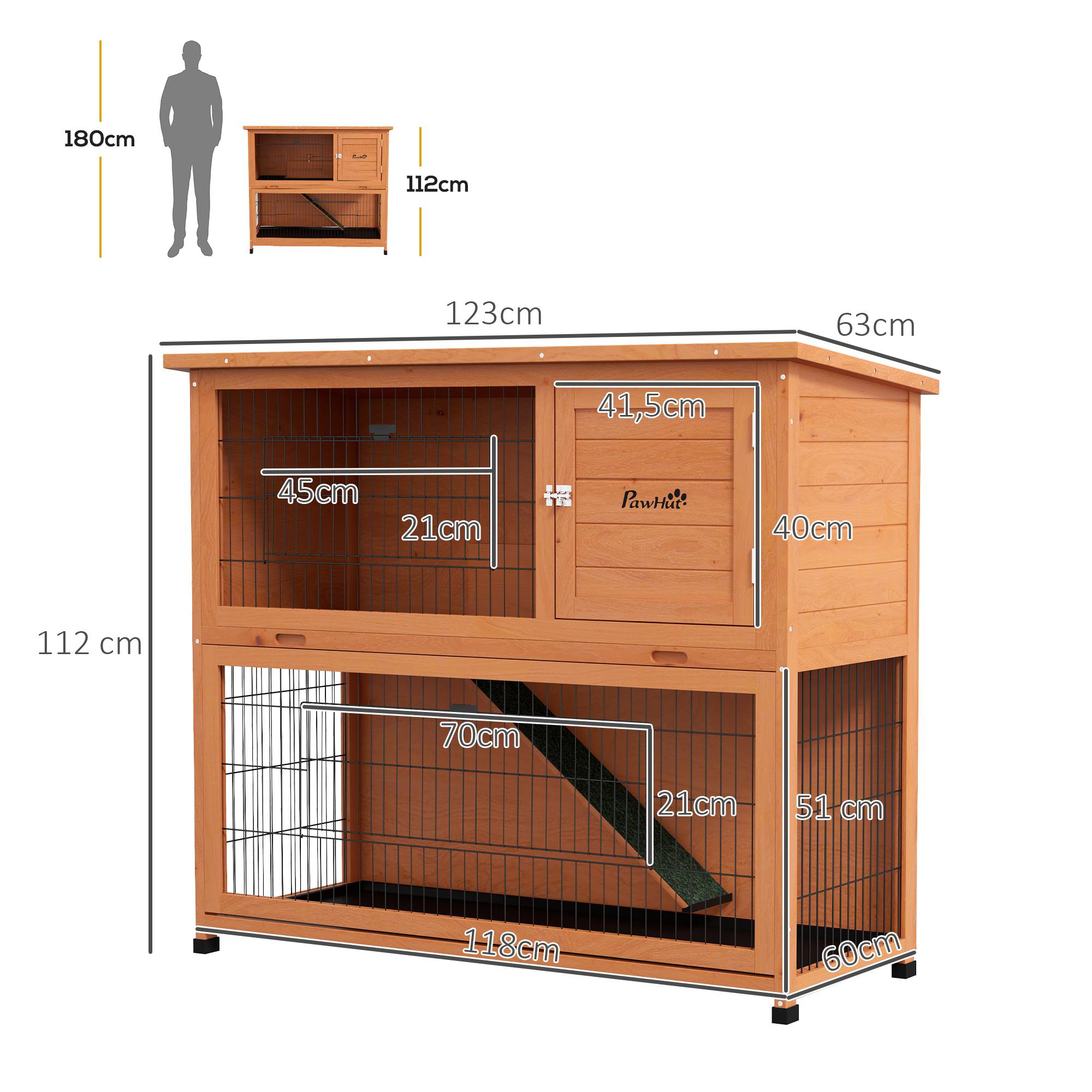 Cage petits animaux maison rongeurs, résistante intempéries, 2 bacs, 123 x 63 x 112 cm, orange - Image 5