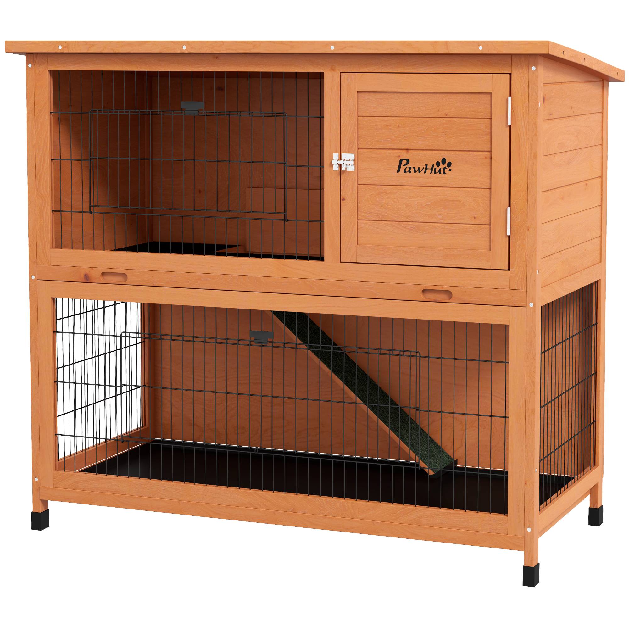 Cage petits animaux maison rongeurs, résistante intempéries, 2 bacs, 123 x 63 x 112 cm, orange - Image 2