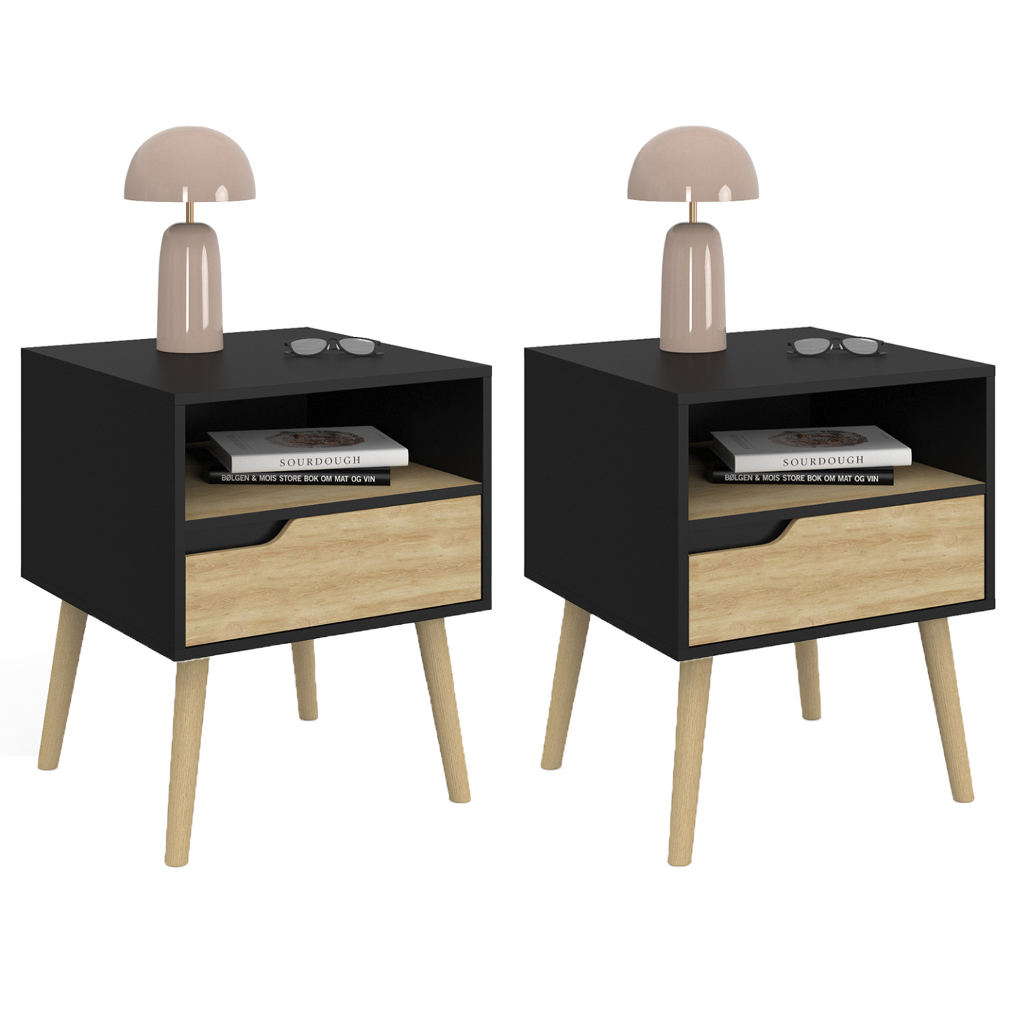 Lot de 2 tables de chevet HELSINKI scandinaves 1 tiroir avec niche noir et effet hêtre - Image 2