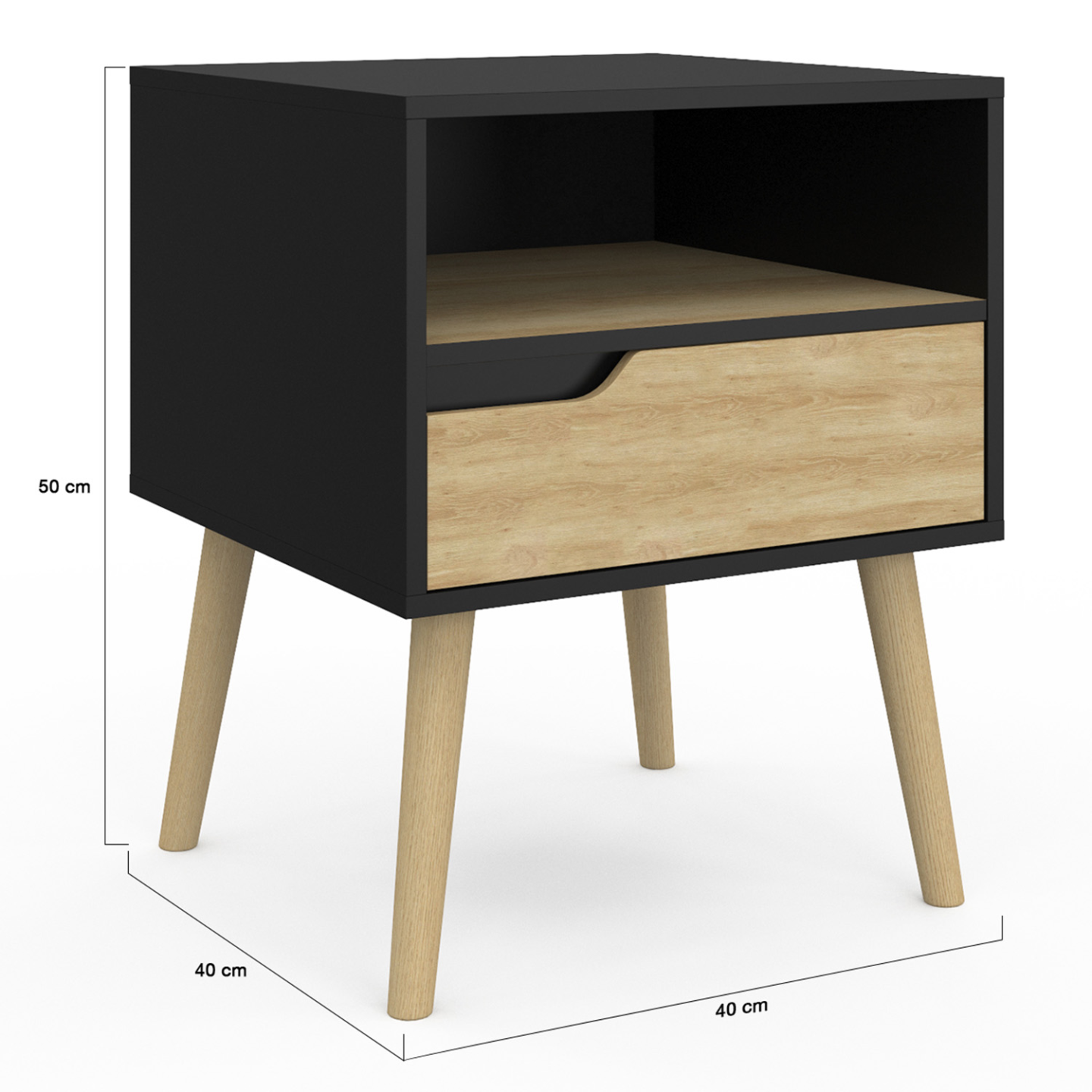 Lot de 2 tables de chevet HELSINKI scandinaves 1 tiroir avec niche noir et effet hêtre - Image 5
