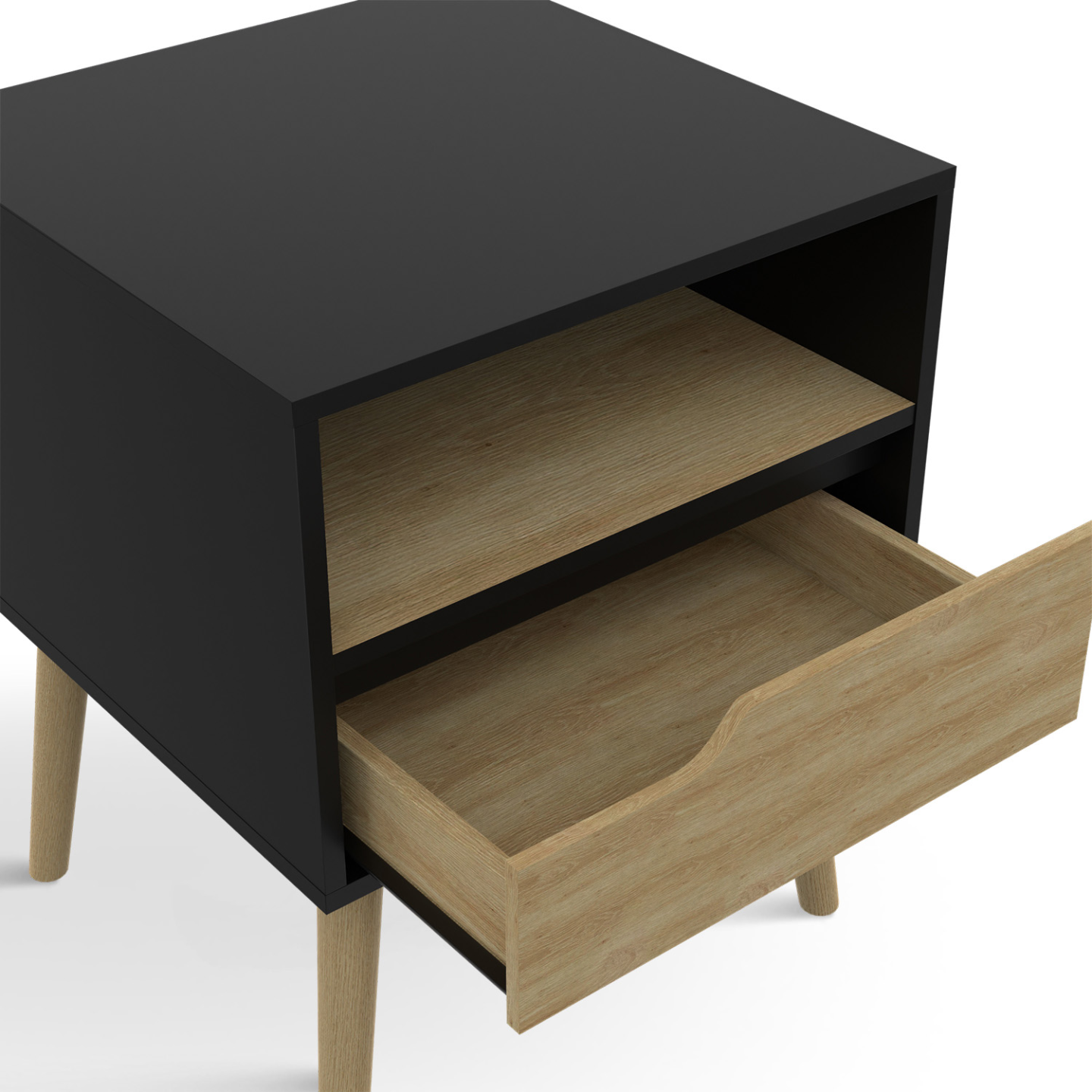 Lot de 2 tables de chevet HELSINKI scandinaves 1 tiroir avec niche noir et effet hêtre - Image 6