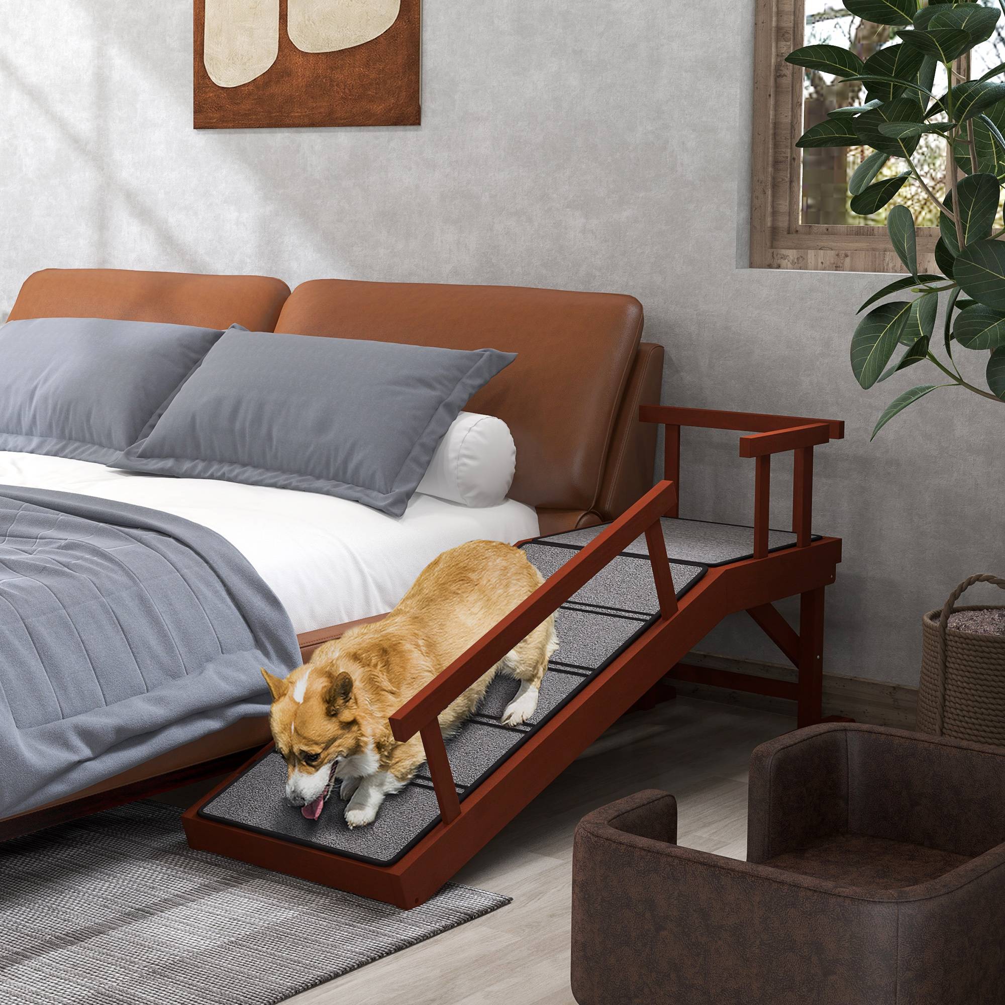 Rampe pour chien, rampes amovibles, antidérapante, bois, jusqu'à 30 kg, 125x40x56cm, marron/gris - Image 4