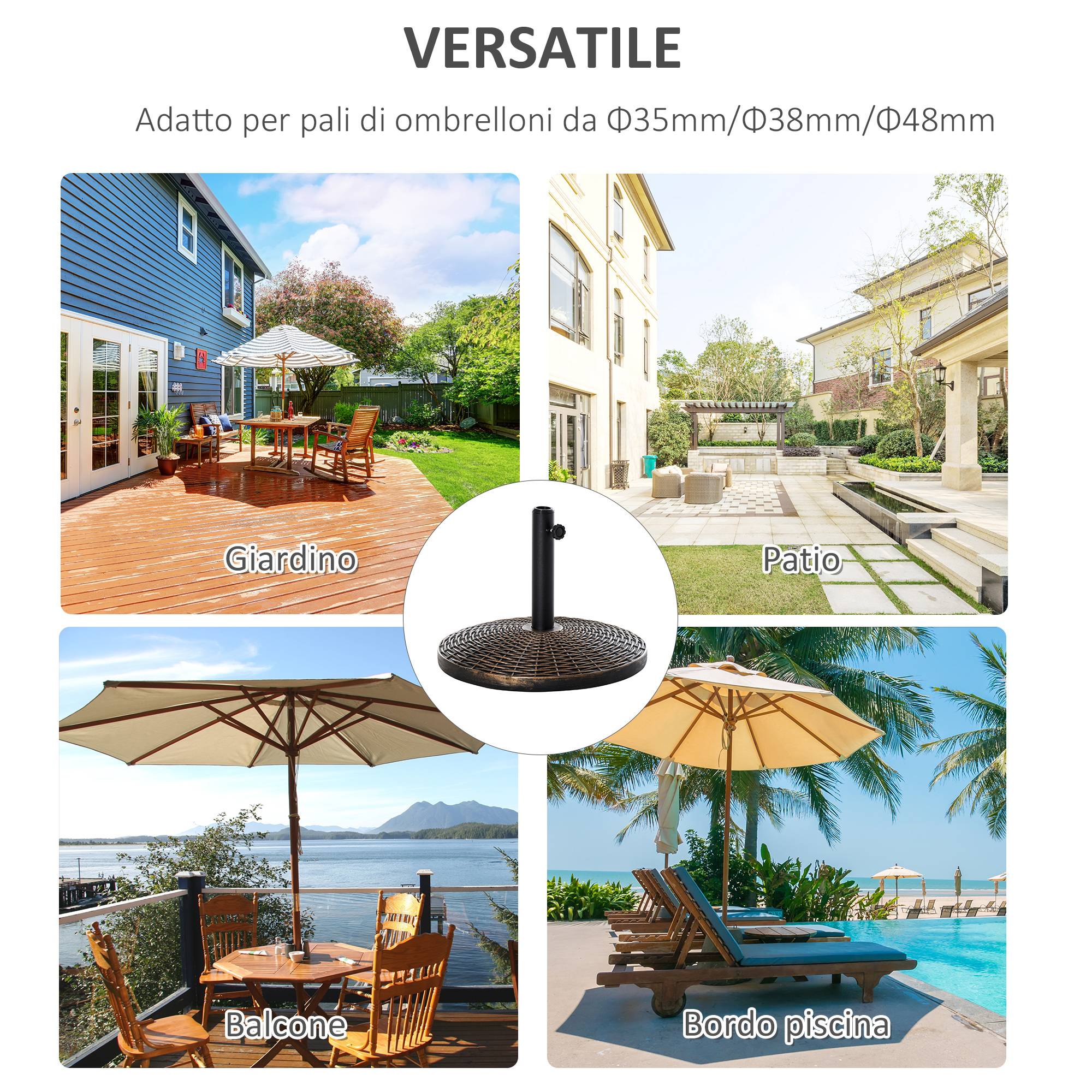 Base de parasol ronde en plastique effet rotin 25 kg pour mâts 35 mm, 38 mm, 48 mm - Image 8