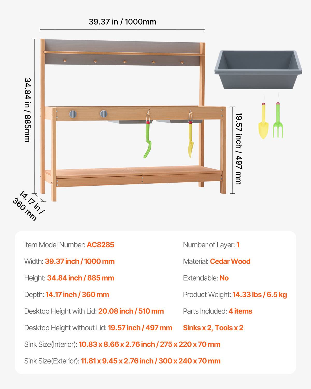 Vevor - VEVOR Cuisine de boue en bois de cèdre 1000 mm, jeu extérieur avec 2 éviers amovibles, cuisinière factice et accessoires, pour tout-petits. - Image 6