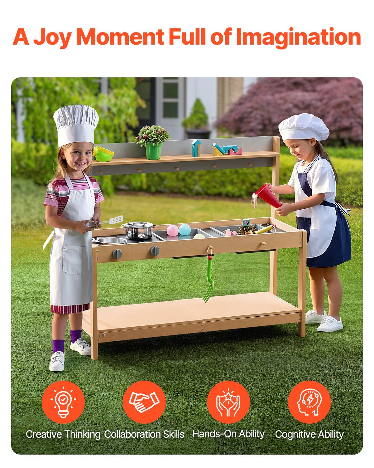 Vevor - VEVOR Cuisine de boue en bois de cèdre 1000 mm, jeu extérieur avec 2 éviers amovibles, cuisinière factice et accessoires, pour tout-petits. - Image 7