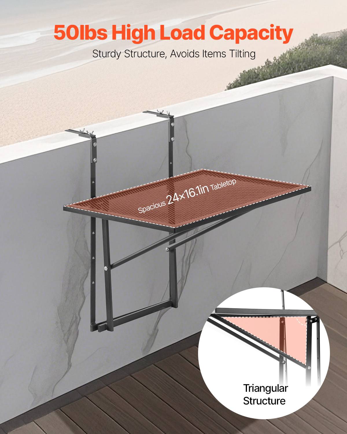 VEVOR Table suspendue balcon 610x530mm, pliante, métal, réglable 5 niveaux, garde-corps, patio. - Image 3