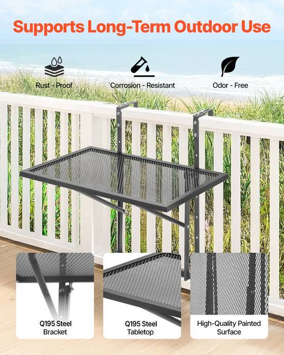 VEVOR Table suspendue balcon 610x530mm, pliante, métal, réglable 5 niveaux, garde-corps, patio. - Image 2