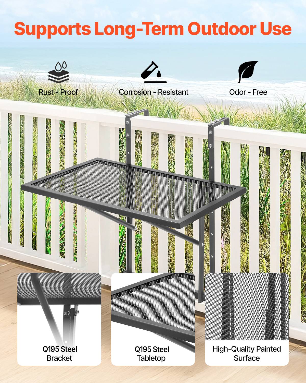 VEVOR Table suspendue balcon 610x530mm, pliante, métal, réglable 5 niveaux, garde-corps, patio. - Image 2