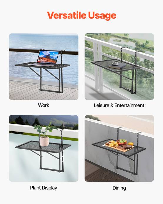 VEVOR Table suspendue balcon 610x530mm, pliante, métal, réglable 5 niveaux, garde-corps, patio. - Image 6