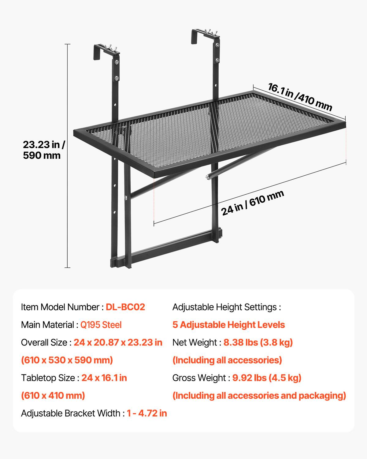 VEVOR Table suspendue balcon 610x530mm, pliante, métal, réglable 5 niveaux, garde-corps, patio. - Image 7
