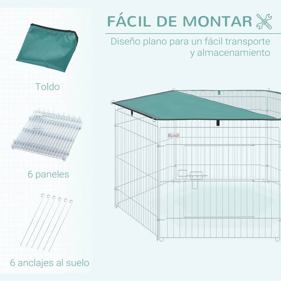 Parc pour chien 6 panneaux 59x60 cm, pliable, en métal, avec porte à loquet et auvent supérieur, pour jardin, terrasse ou extérieur, couleur argent. - Image 7