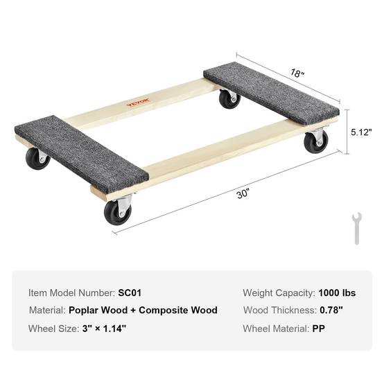 VEVOR Chariot Déplace Meubles Mobile en Bois Charge de 454 kg avec 4 Roulettes - Image 7