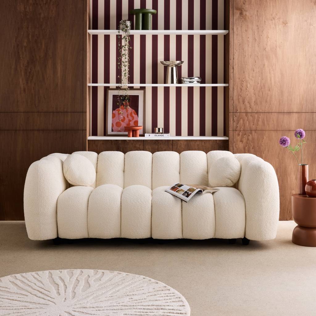 sweeek - Canapé 3 places coquillage en bouclette blanc L 221 x P 100 x H 76cm - Perla | sweeek - Image 1