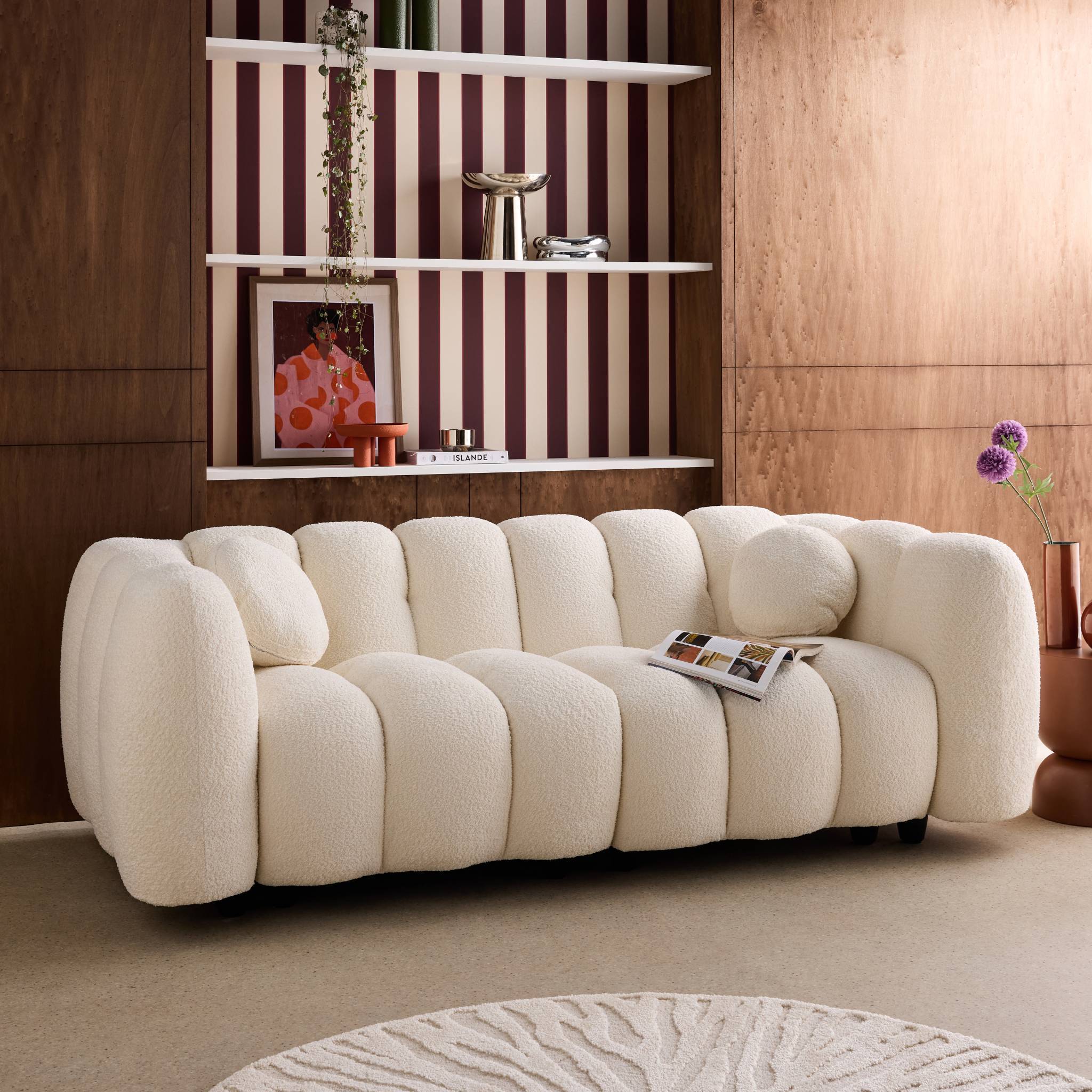 sweeek - Canapé 3 places coquillage en bouclette blanc L 221 x P 100 x H 76cm - Perla | sweeek - Image 3