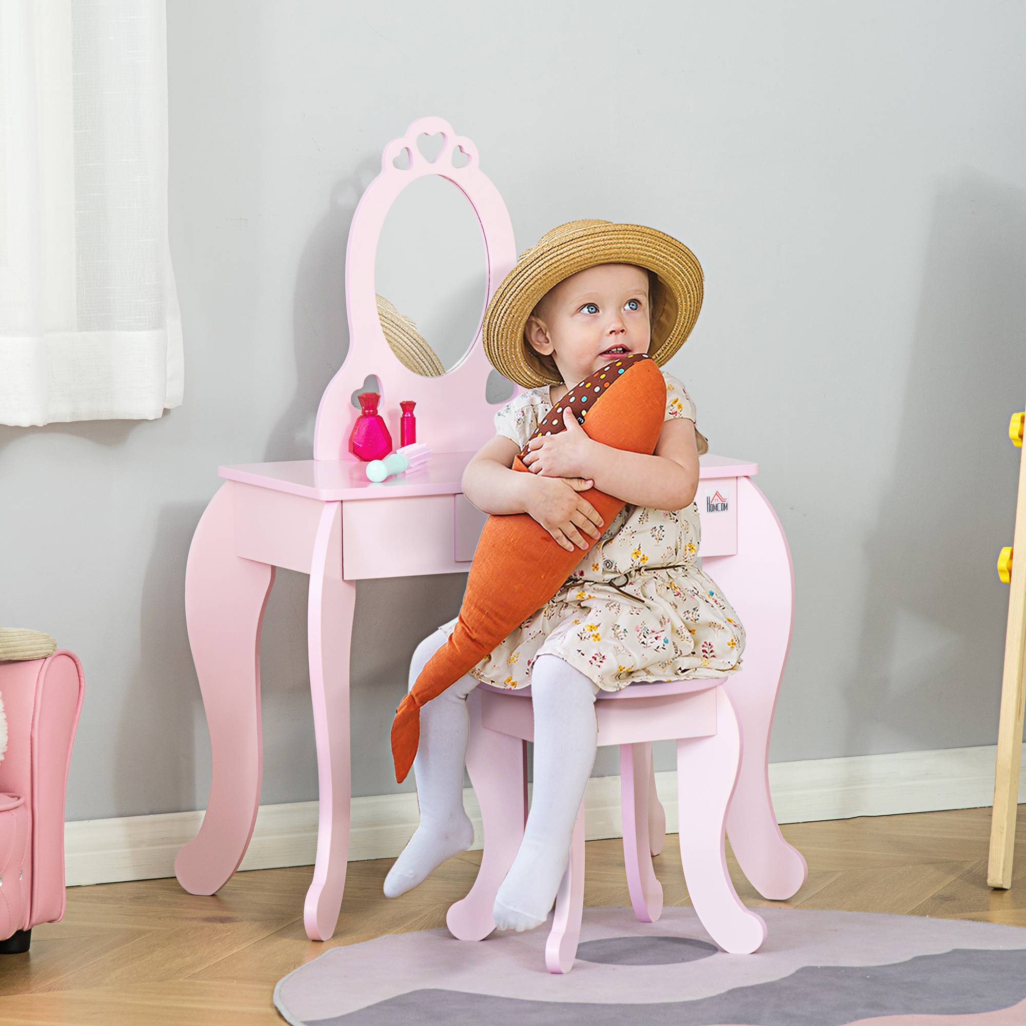 Sans Marque - Coiffeuse enfant avec tabouret en bois, miroir et tiroir, 60 x 36 x 88 cm, rose - Image 4