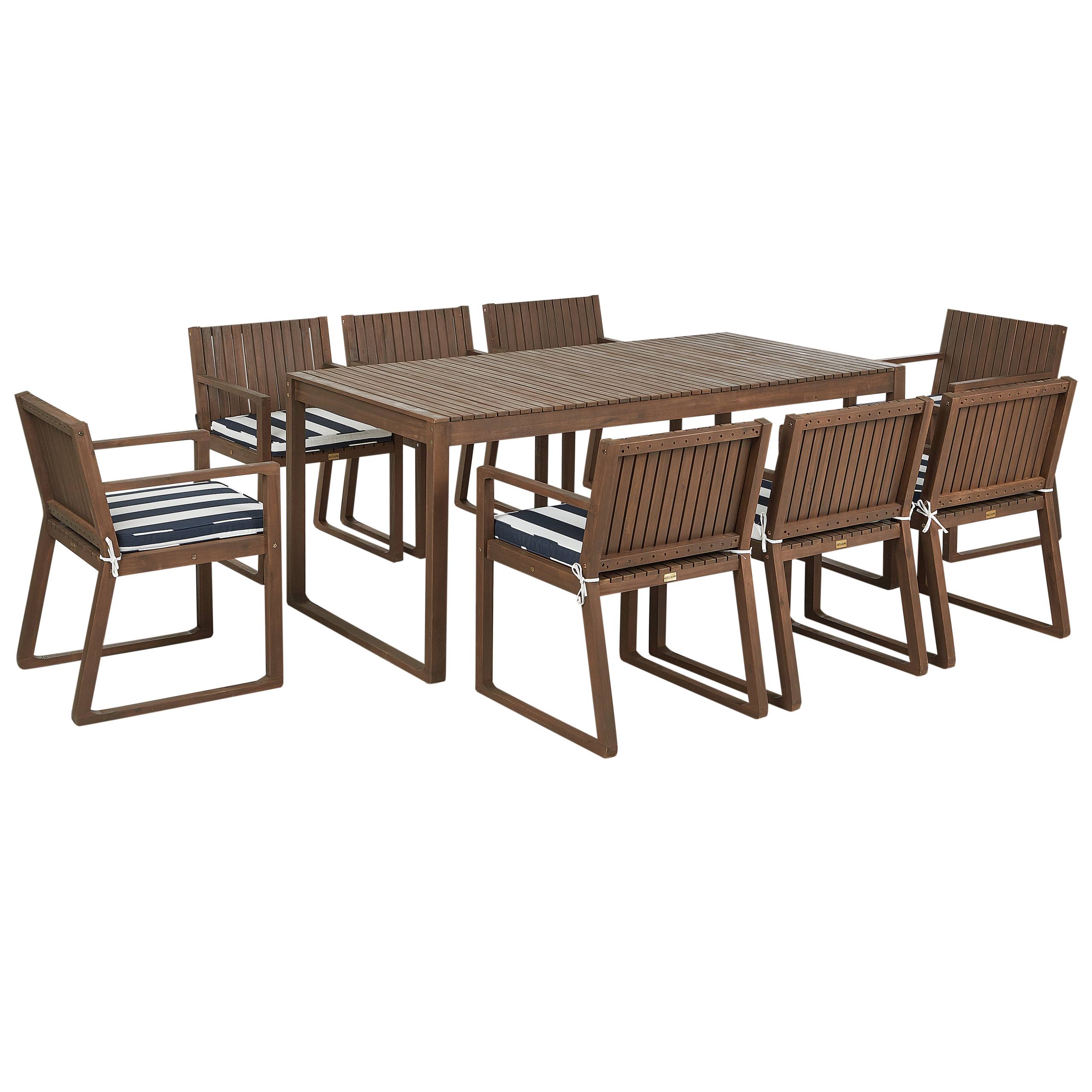 Beliani - Ensemble de Salle à Manger Extérieur Table en Bois d'Acacia Foncé 8 Chaises et Coussins Rayés Bleu Marine Blanc Jardin Rustique - Imagen 1