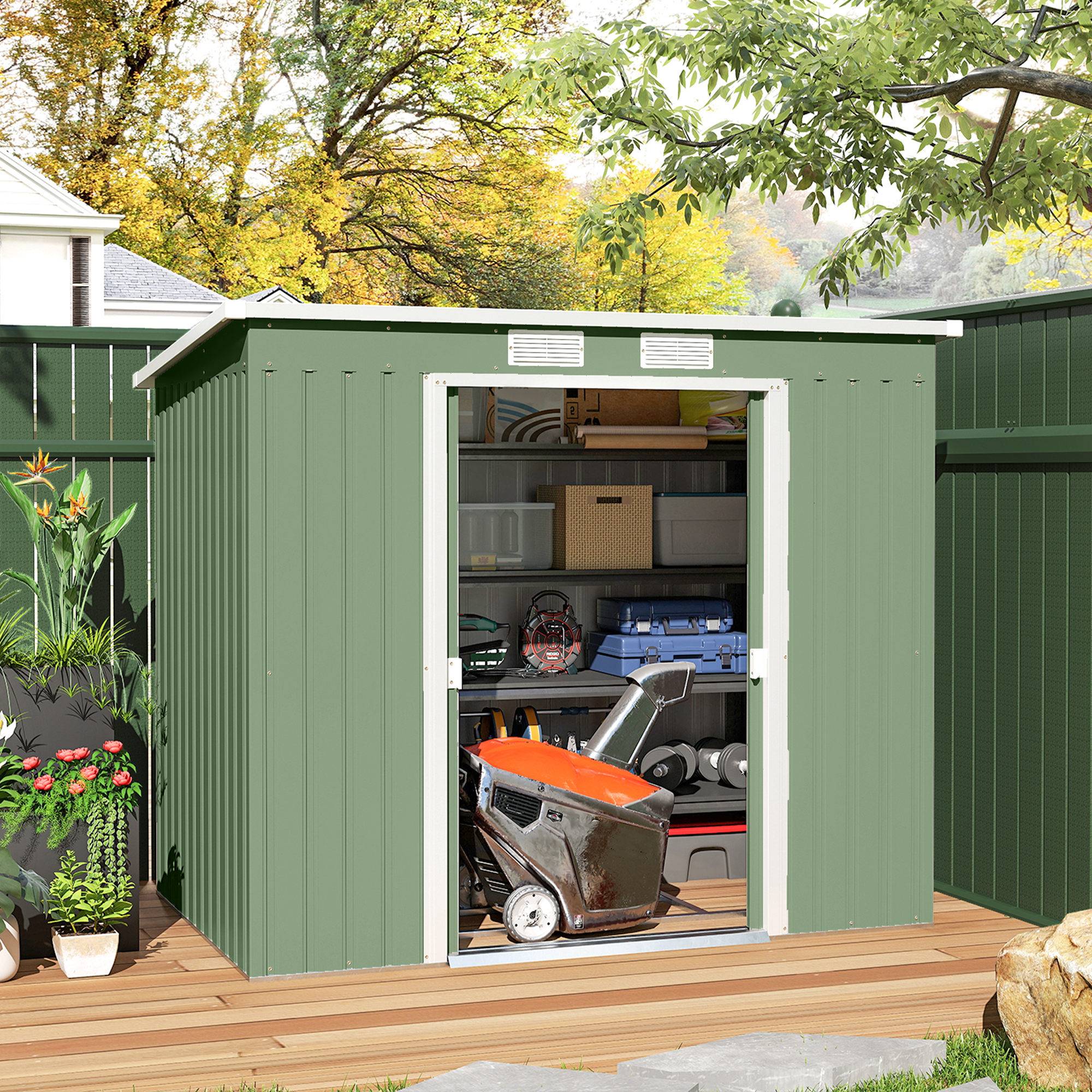 Abri de jardin 213 x 130 x 172 cm, en métal, vert olive, idéal pour ranger vos outils d'extérieur. - Image 4