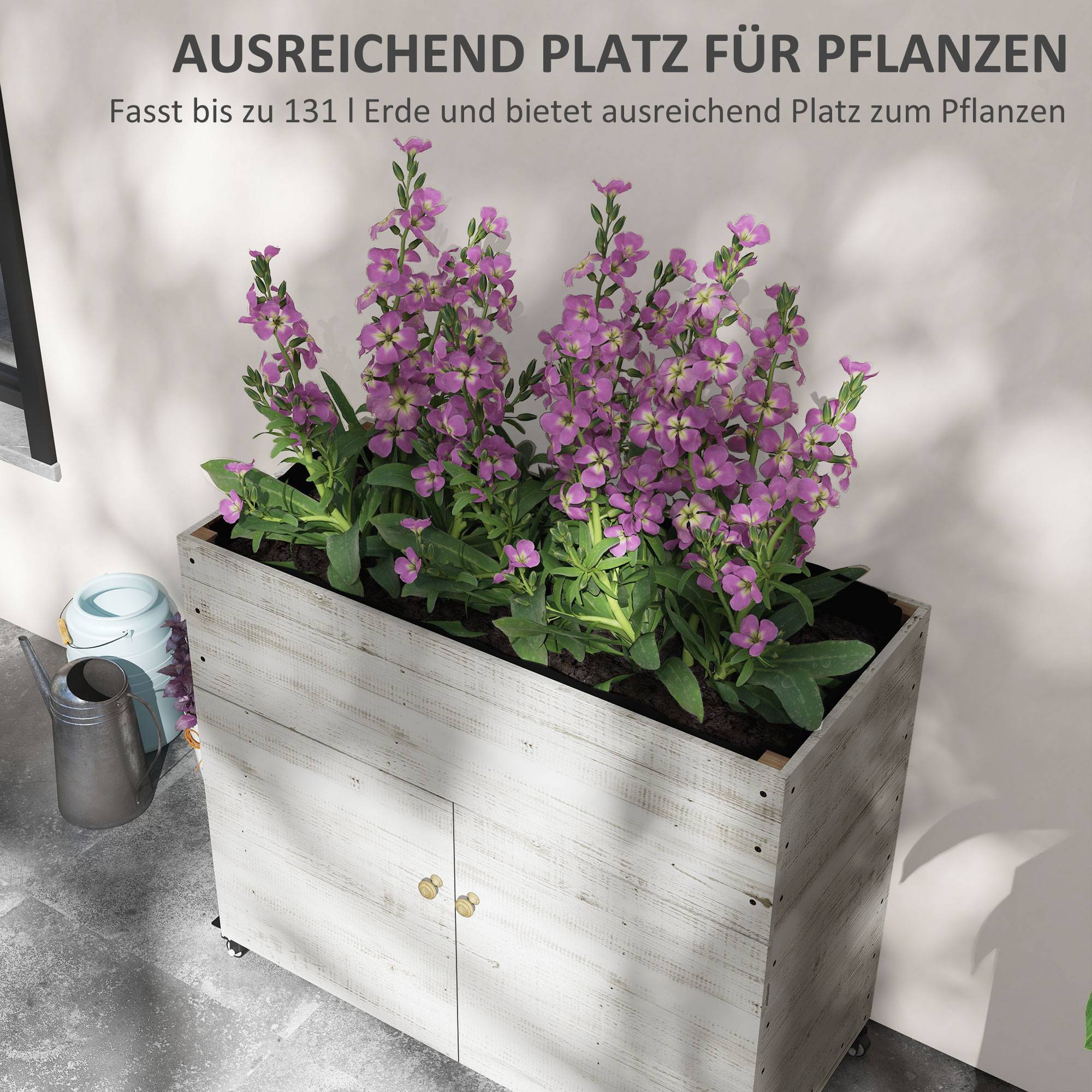 Jardinière surélevée avec roues, compartiment, doublure, style usé, 110x50x95 cm, blanc - Image 6