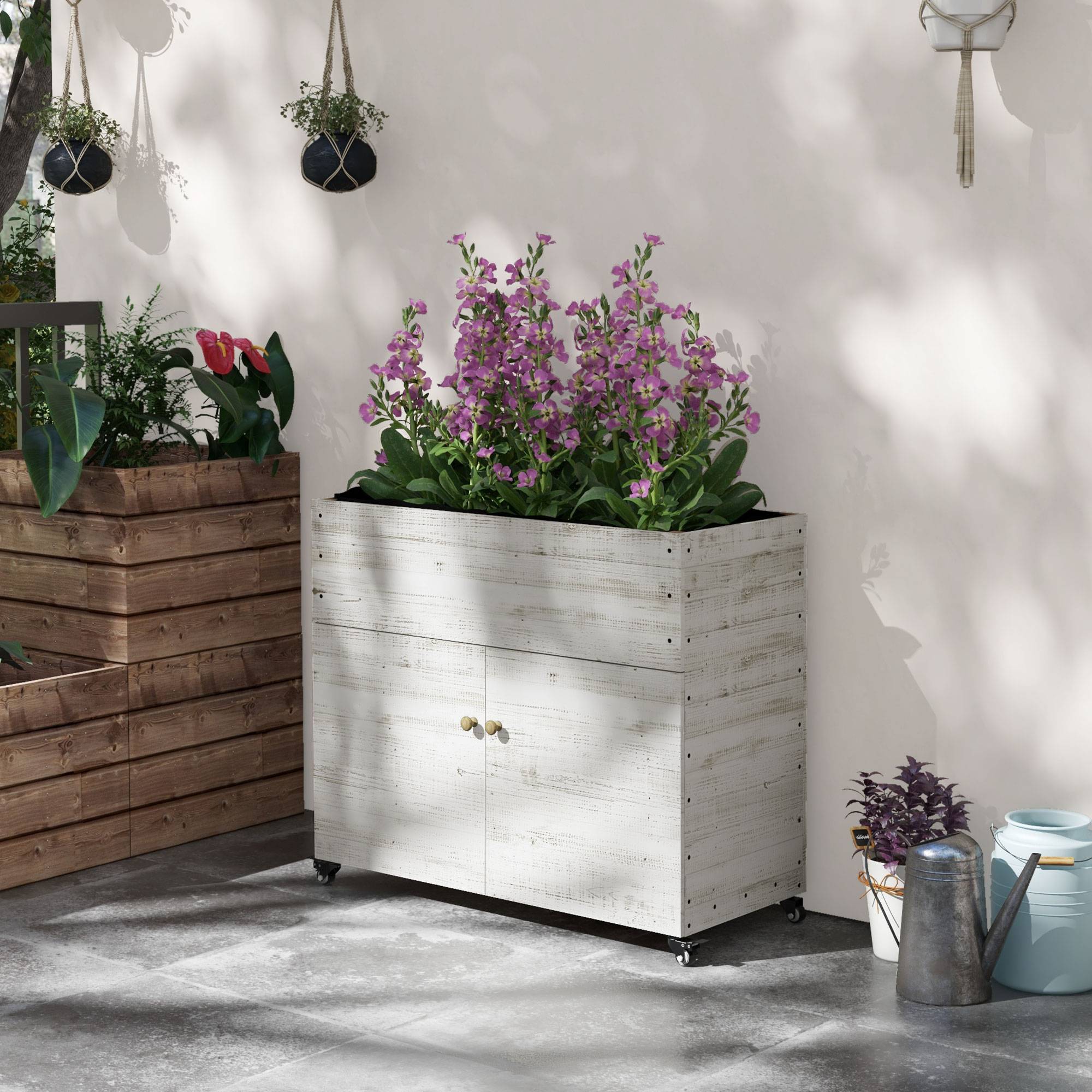 Jardinière surélevée avec roues, compartiment, doublure, style usé, 110x50x95 cm, blanc - Image 4