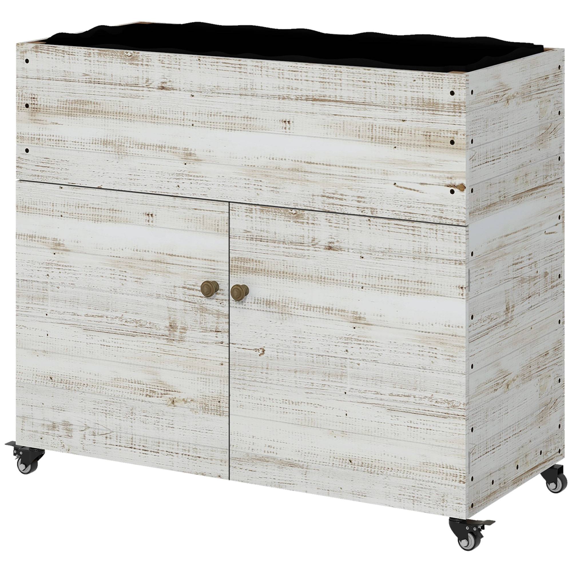 Jardinière surélevée avec roues, compartiment, doublure, style usé, 110x50x95 cm, blanc - Image 2