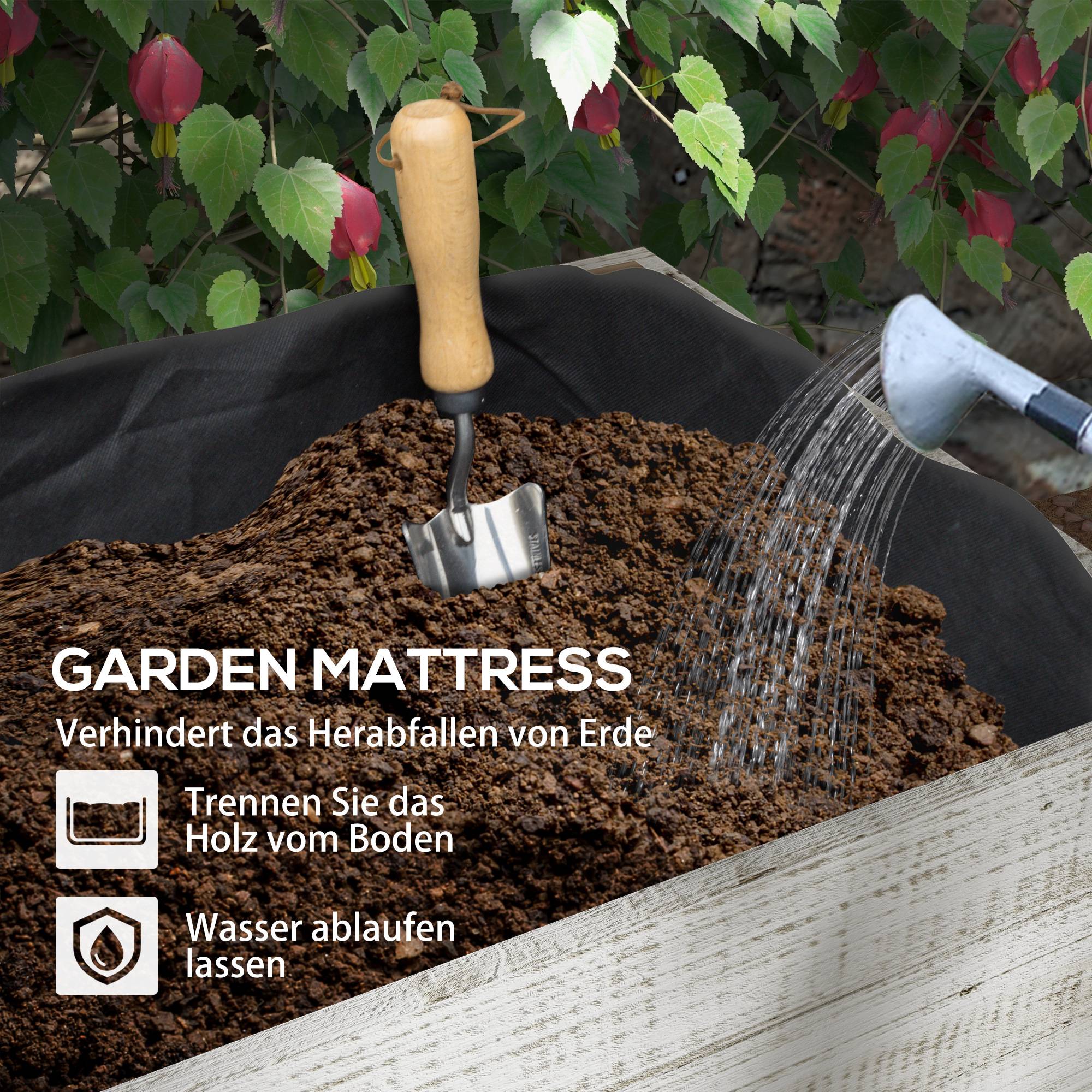 Jardinière surélevée avec roues, compartiment, doublure, style usé, 110x50x95 cm, blanc - Image 9